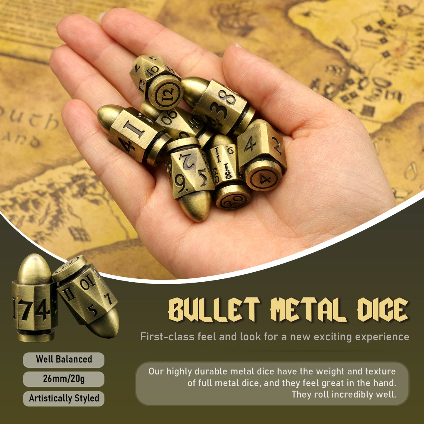 DND Metal Bullet Dice Set, Metal Dice for Dungeons and Dragons Dice Set D&D RPG D and D Dice - Bronze