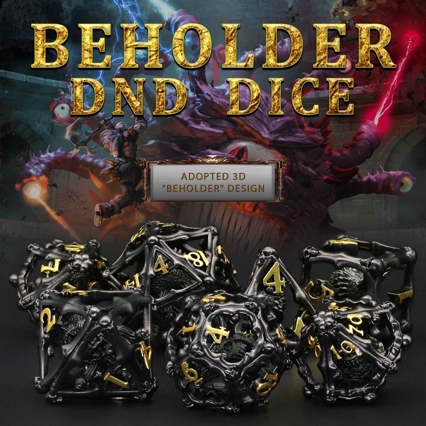 3D Eye Monster DND Metal Dice,7PC/Set Dice for Dungeons and Dragons Dices Polyhedral Dice - Black Gold