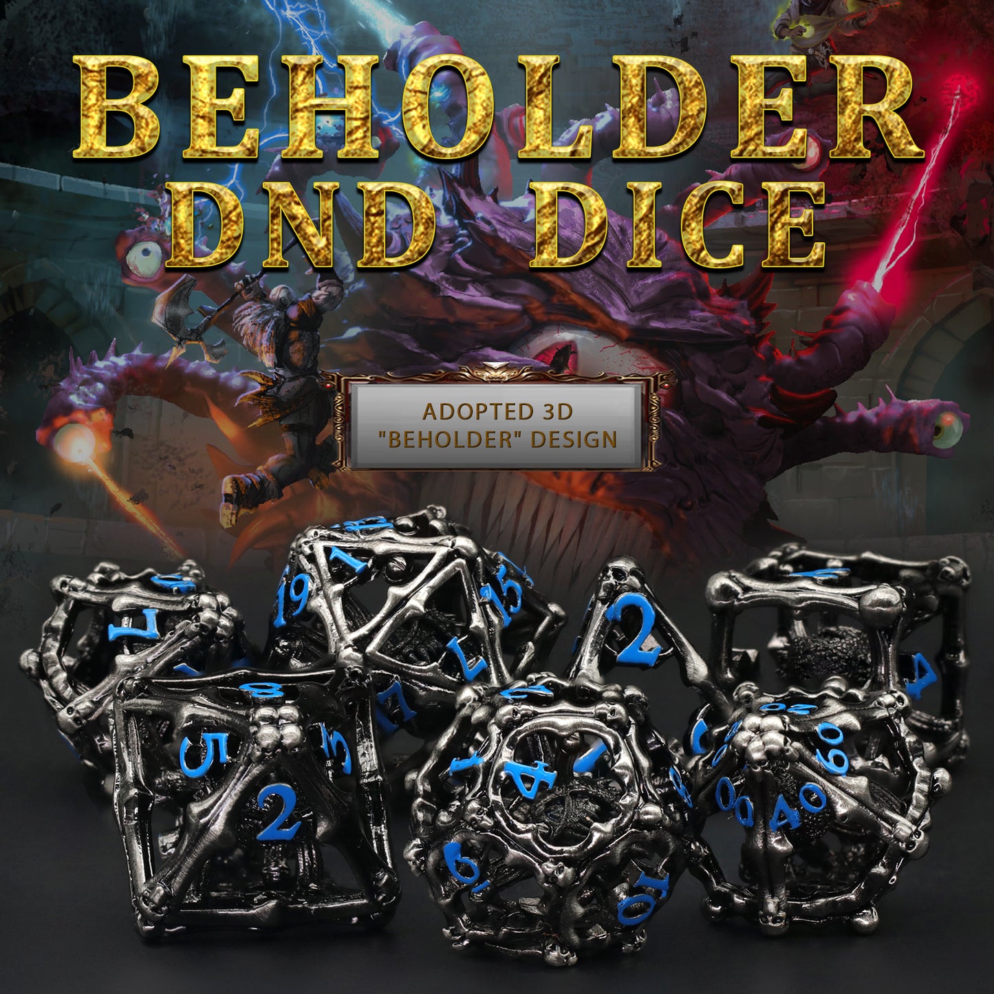 3D Eye Monster DND Metal Dice,7PC/Set Dice for Dungeons and Dragons Dices Polyhedral Dice - Blue Number