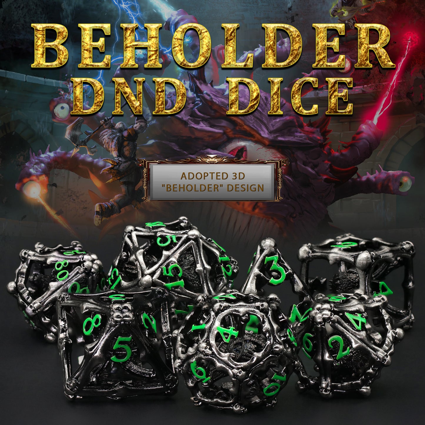 3D Eye Monster DND Metal Dice,7PC/Set Dice for Dungeons and Dragons Dices Polyhedral Dice - Green Number