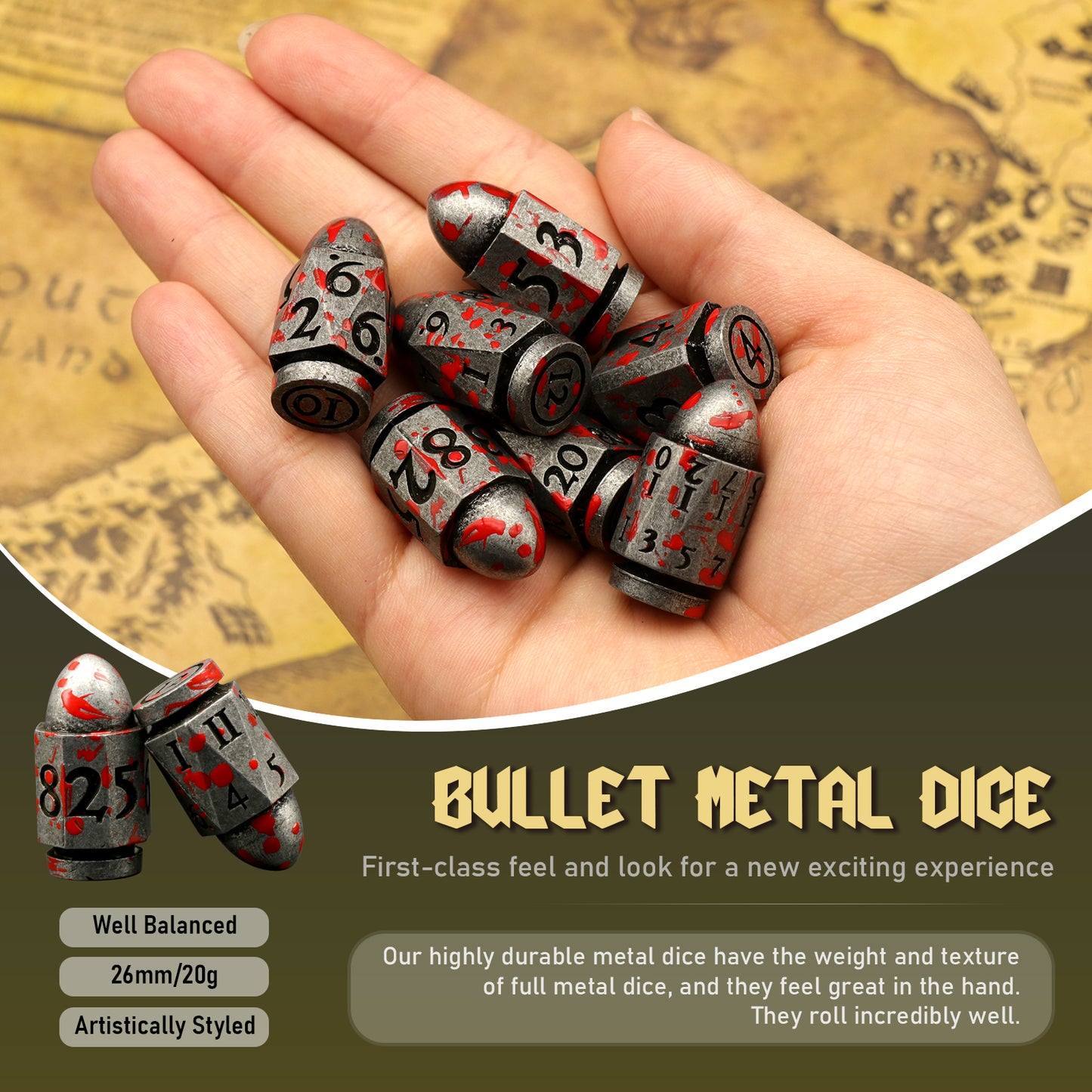 DND Metal Bullet Dice Set, Metal Dice for Dungeons and Dragons Dice Set D&D RPG D and D Dice - Blood Antique Sliver
