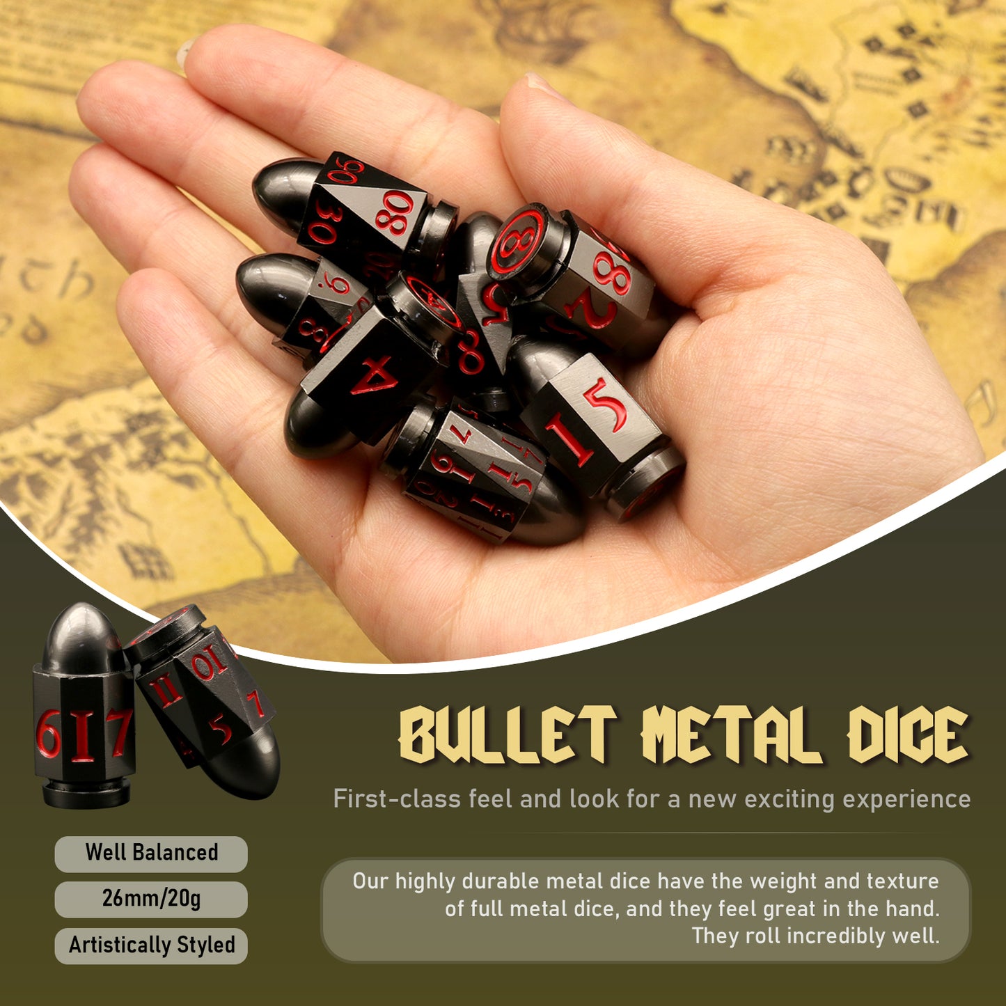 7PCS DND Metal Dice Red Bullet Dice Set-Black Red