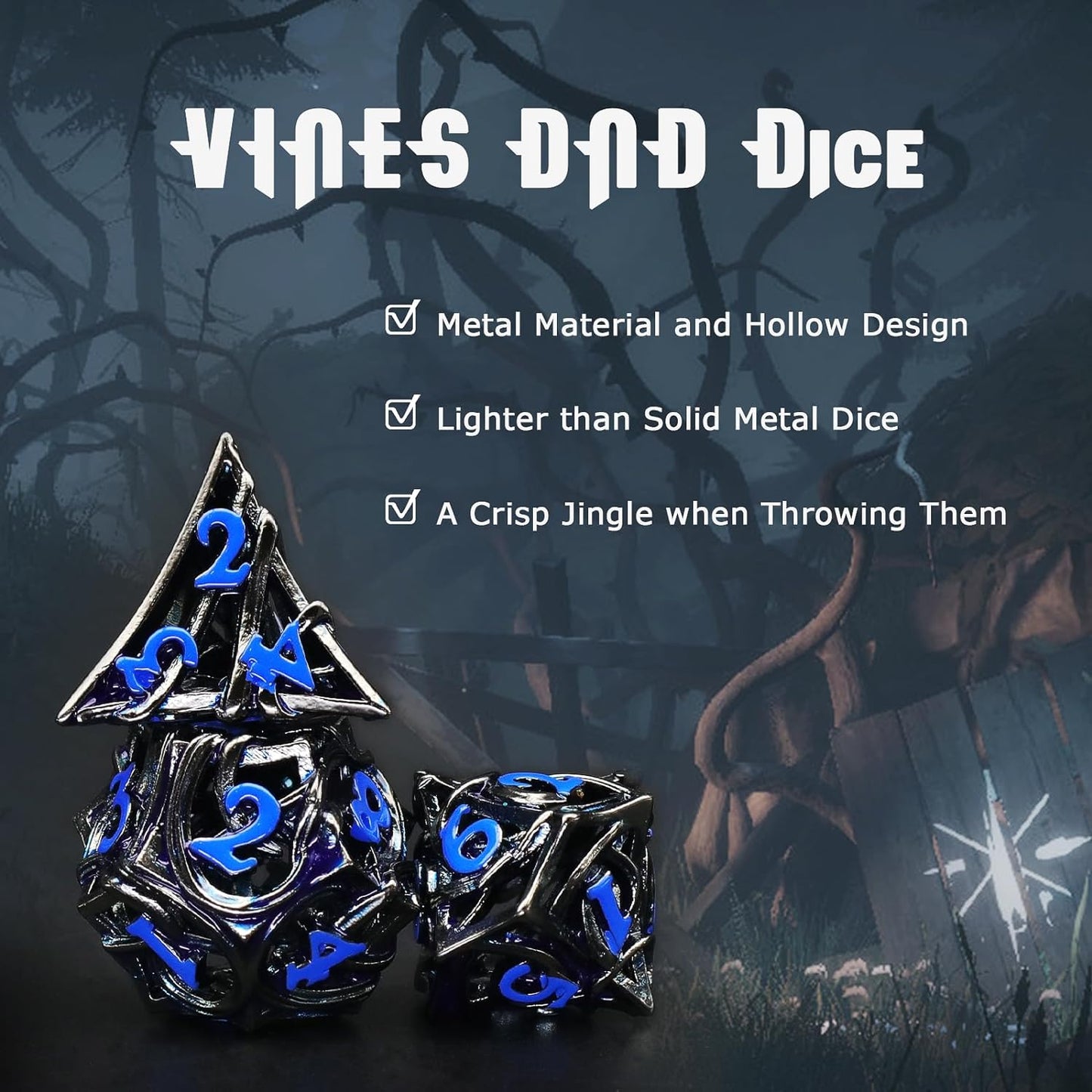 7PCS Metal DND Dice Set Hollow Polyhedral Hollowl Vine Dice Set D&D Role Playing D and D RPG Dice ( Black blue)