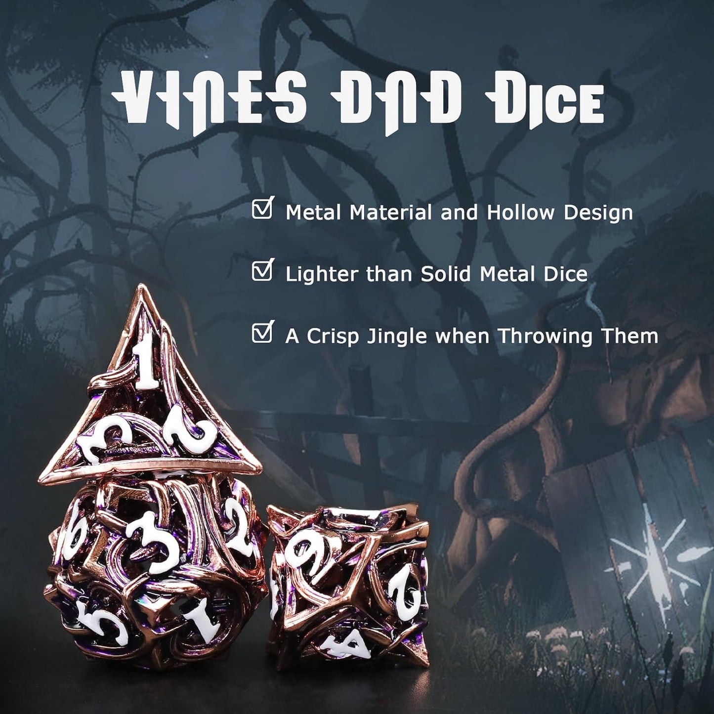 7PCS Metal DND Dice Set Hollow Polyhedral Hollowl Vine Dice Set D&D Role Playing D and D RPG Dice ( Pink)