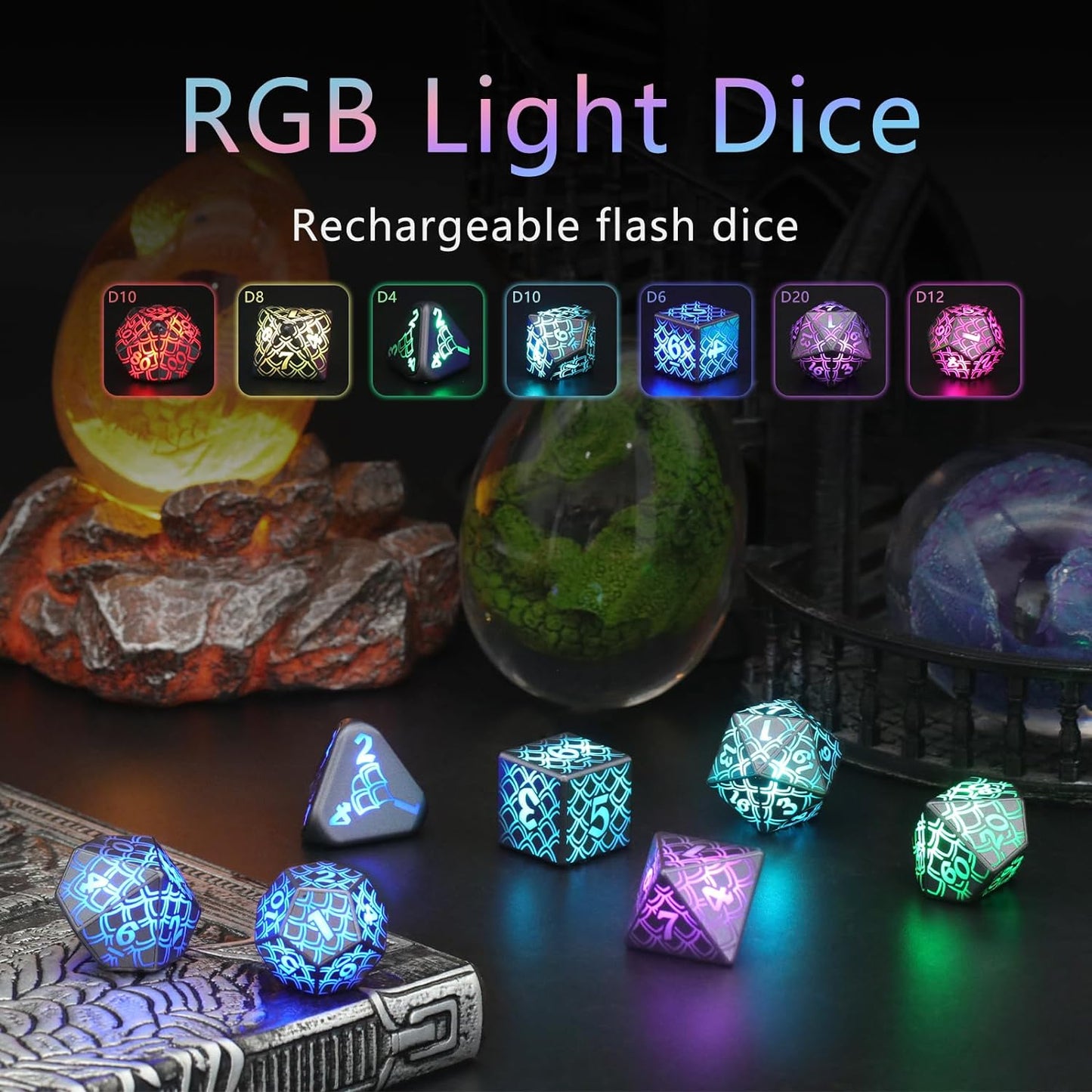 LED Dice Wireless Charging, DND Dice Dragon Scales Dice Rechargeable, RGB Light up Dice, Dungeons and Dragons Dice(Dragon Egg Dice)