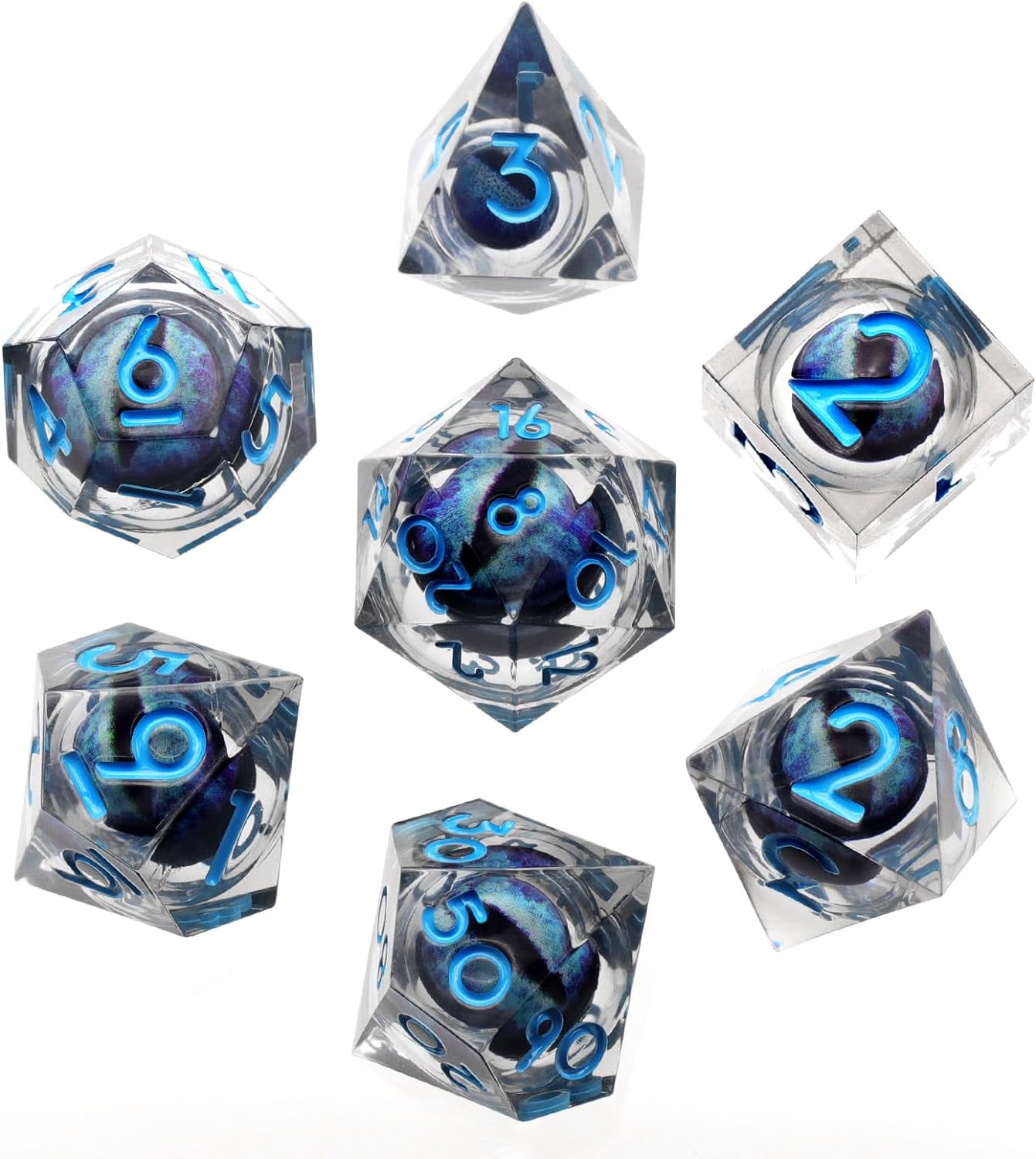 Liquid Core DND Dice, Dragon Eye Dice Set D&D Sharp Edge Resin Dungeons and Dragons Dice Polyhedral Beholder's Ttrpg Dice (Blue)