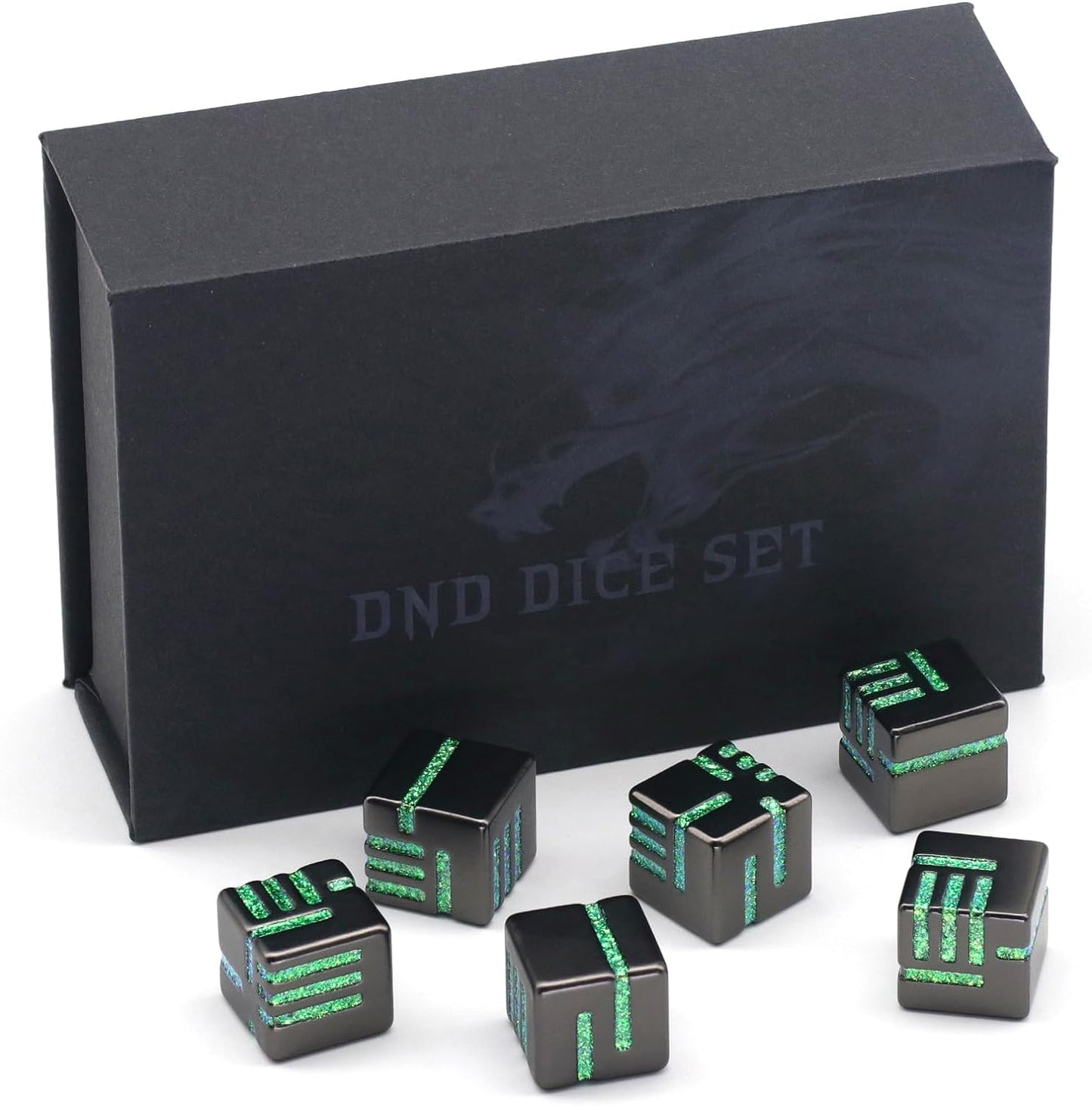 D6 DND Dice Set of 6 Pcs 16mm Cool Fancy 6 Sided Dice Metal Dice (Glitter Green)