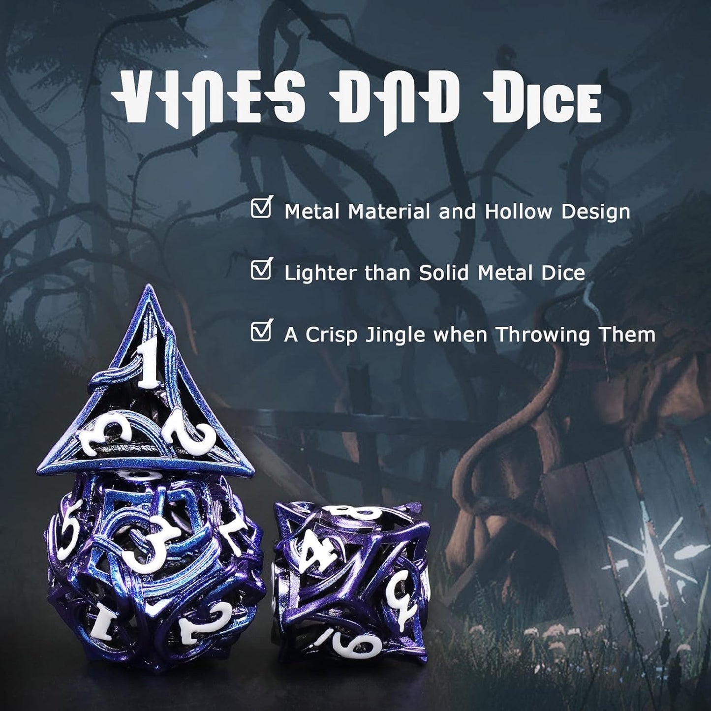 7PCS Metal DND Dice Set Hollow Polyhedral Hollowl Vine Dice Set D&D Role Playing D and D RPG Dice ( Blue)