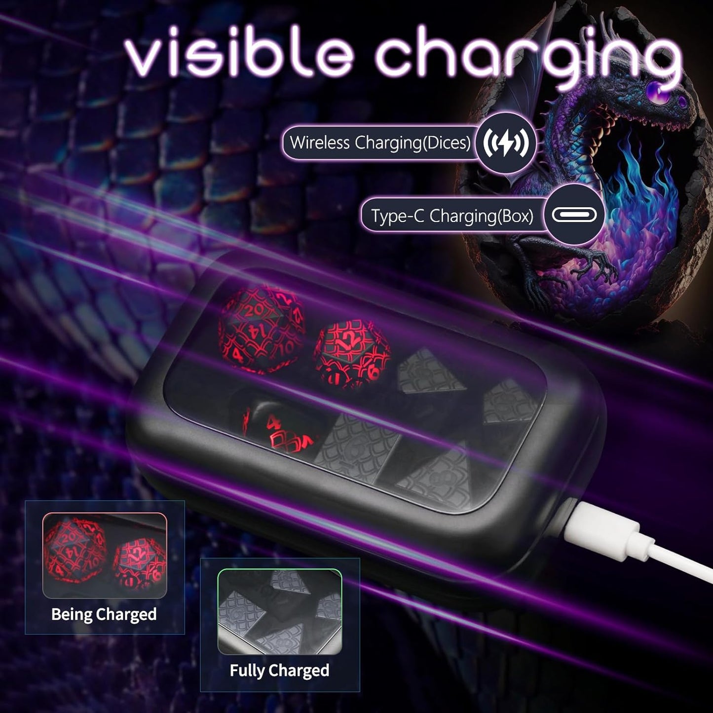 LED Dice Wireless Charging, DND Dice Dragon Scales Dice Rechargeable, RGB Light up Dice, Dungeons and Dragons Dice(Dragon Egg Dice)