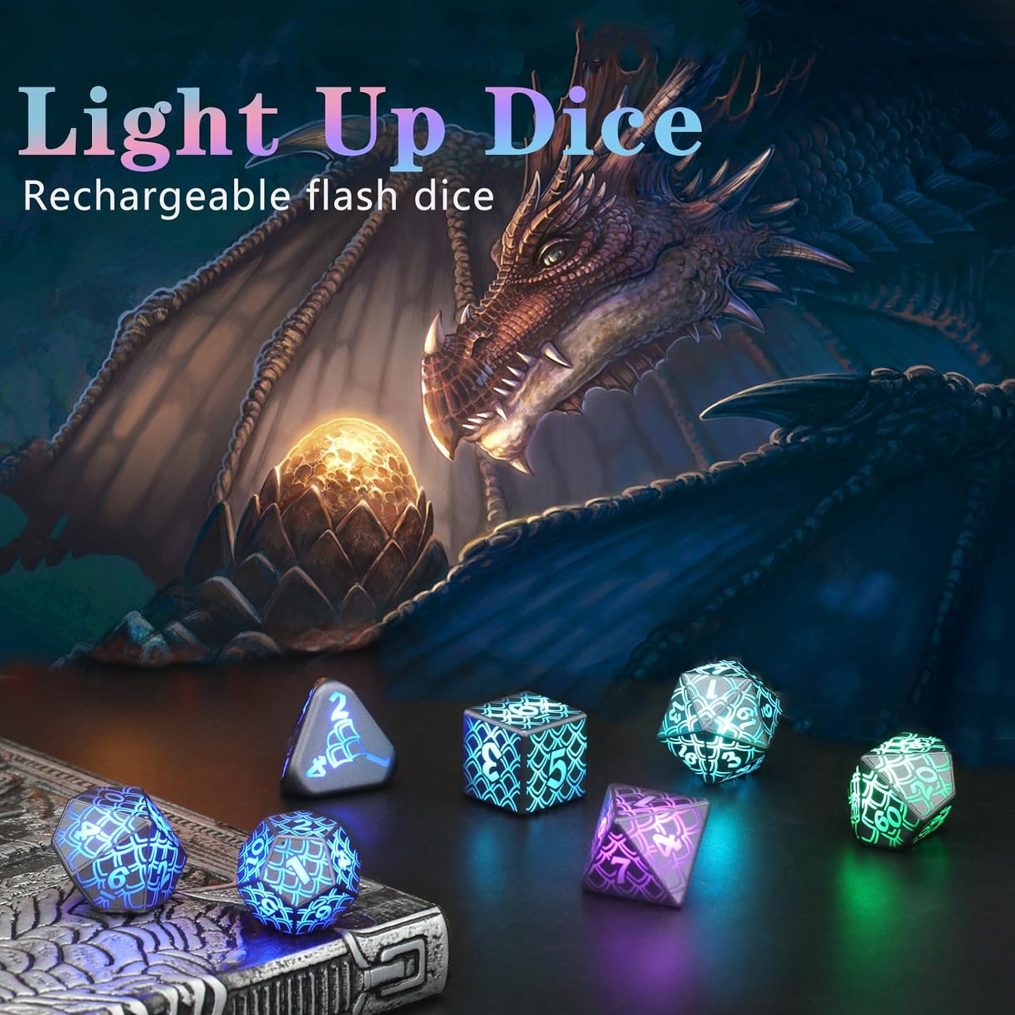 LED Dice Wireless Charging, DND Dice Dragon Scales Dice Rechargeable, RGB Light up Dice, Dungeons and Dragons Dice(Dragon Egg Dice)