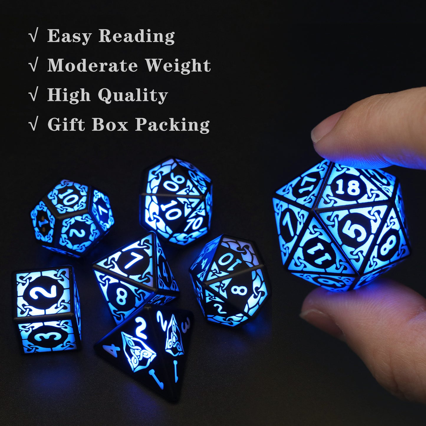 LED Dice Set 7PCS , DND Dice Rechargeable with Charging Box, Dungeon and Dragons Dice USB Port Charging,Blue Light up Dice For Role Playing Dice Table Games