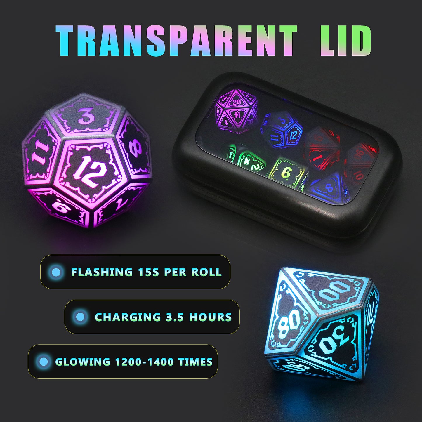 LED D&D Dice Set Wireless Charging Light up Dice, Rechargeable DND Dice Set (RGB Astral Shard)
