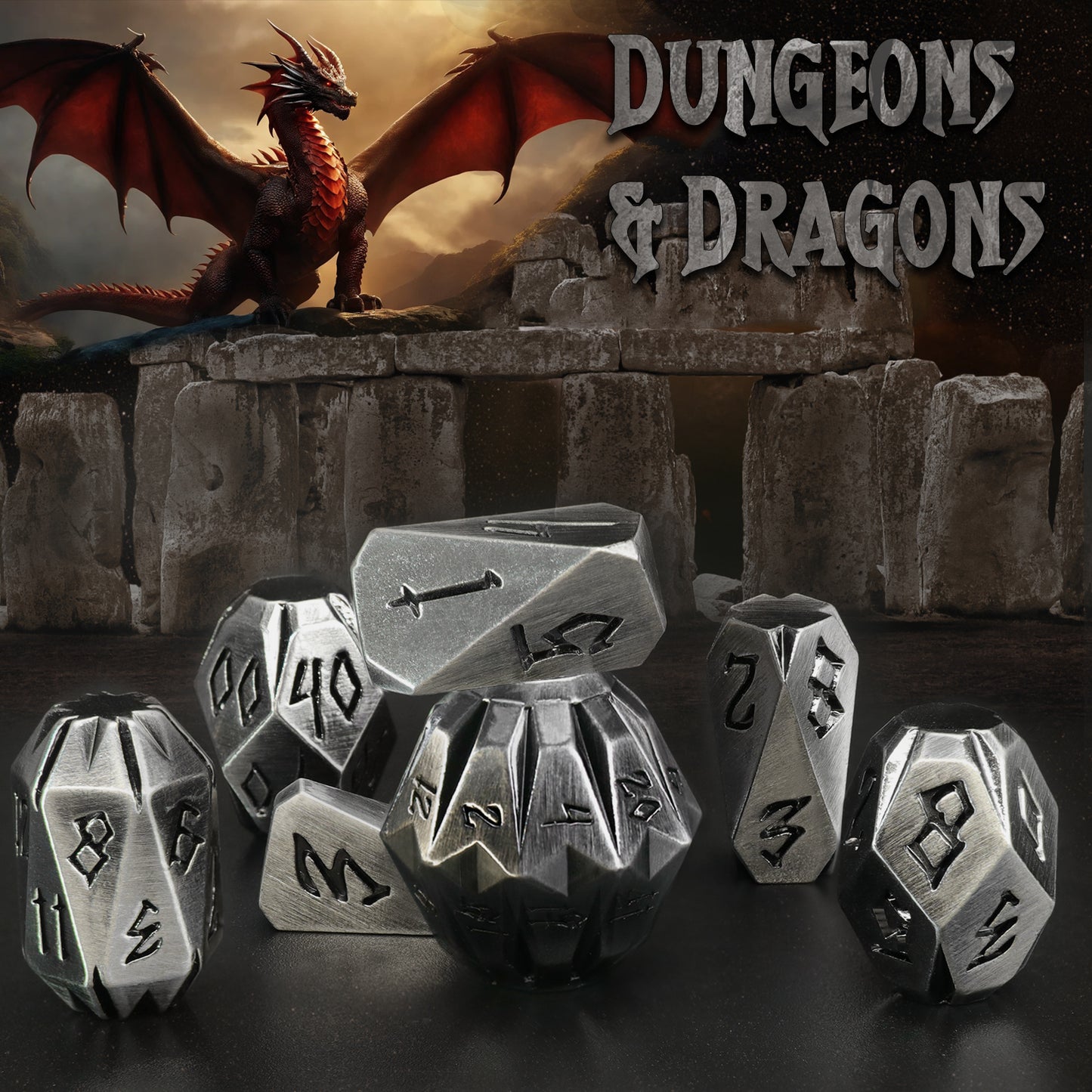 Dice DND Metal Polyhedral Dice Set Stonehenge Theme RPG Dice-Silver