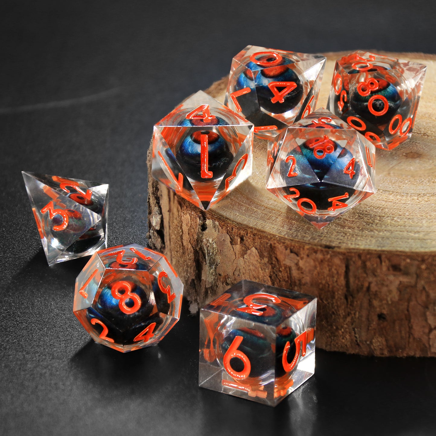 Liquid Core DnD Dice Set  7 Piece Sharp Edge Resin DND Dice - Orange