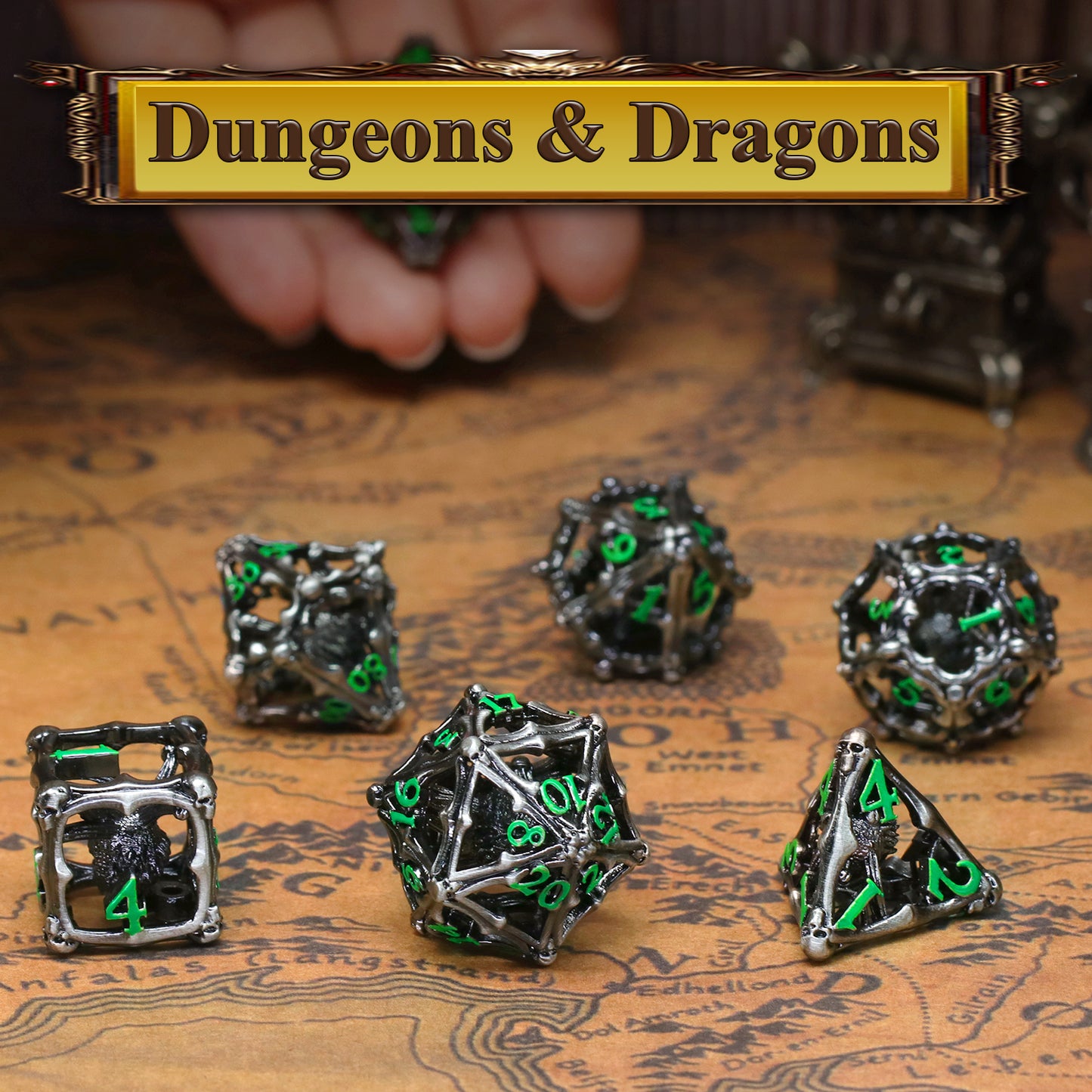 3D Eye Monster DND Metal Dice,7PC/Set Dice for Dungeons and Dragons Dices Polyhedral Dice - Green Number
