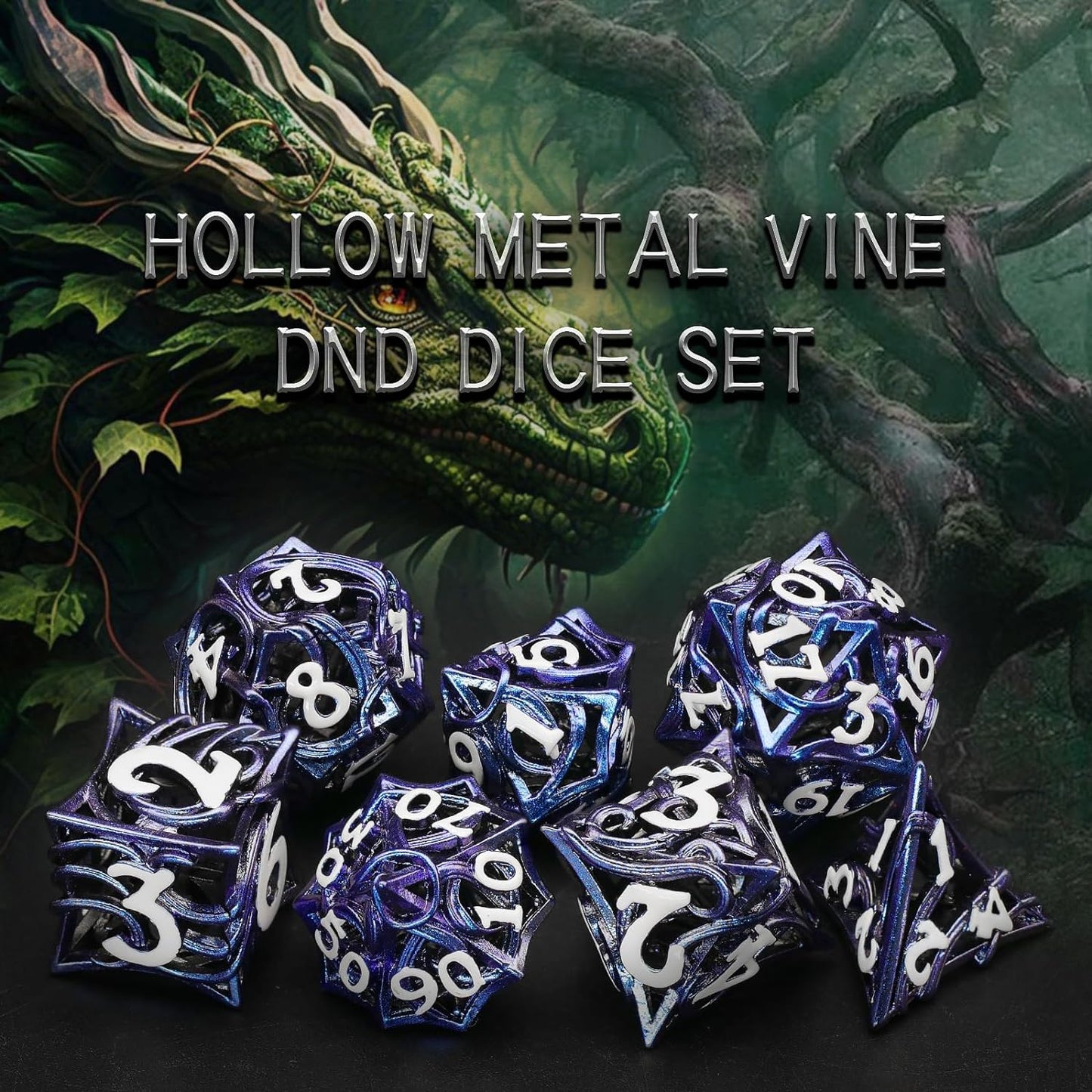 7PCS Metal DND Dice Set Hollow Polyhedral Hollowl Vine Dice Set D&D Role Playing D and D RPG Dice ( Blue)