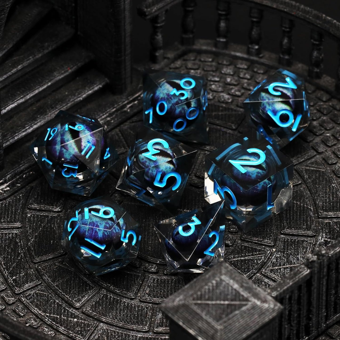 Liquid Core DND Dice, Dragon Eye Dice Set D&D Sharp Edge Resin Dungeons and Dragons Dice Polyhedral Beholder's Ttrpg Dice (Blue)