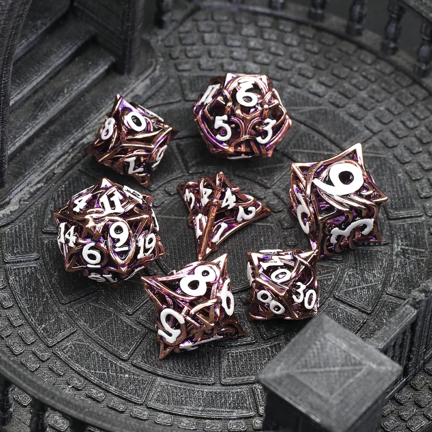 7PCS Metal DND Dice Set Hollow Polyhedral Hollowl Vine Dice Set D&D Role Playing D and D RPG Dice ( Pink)