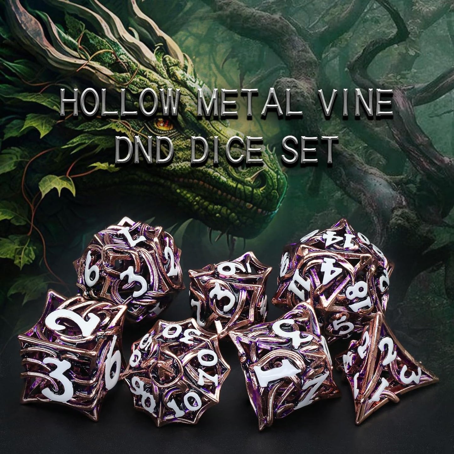 7PCS Metal DND Dice Set Hollow Polyhedral Hollowl Vine Dice Set D&D Role Playing D and D RPG Dice ( Pink)