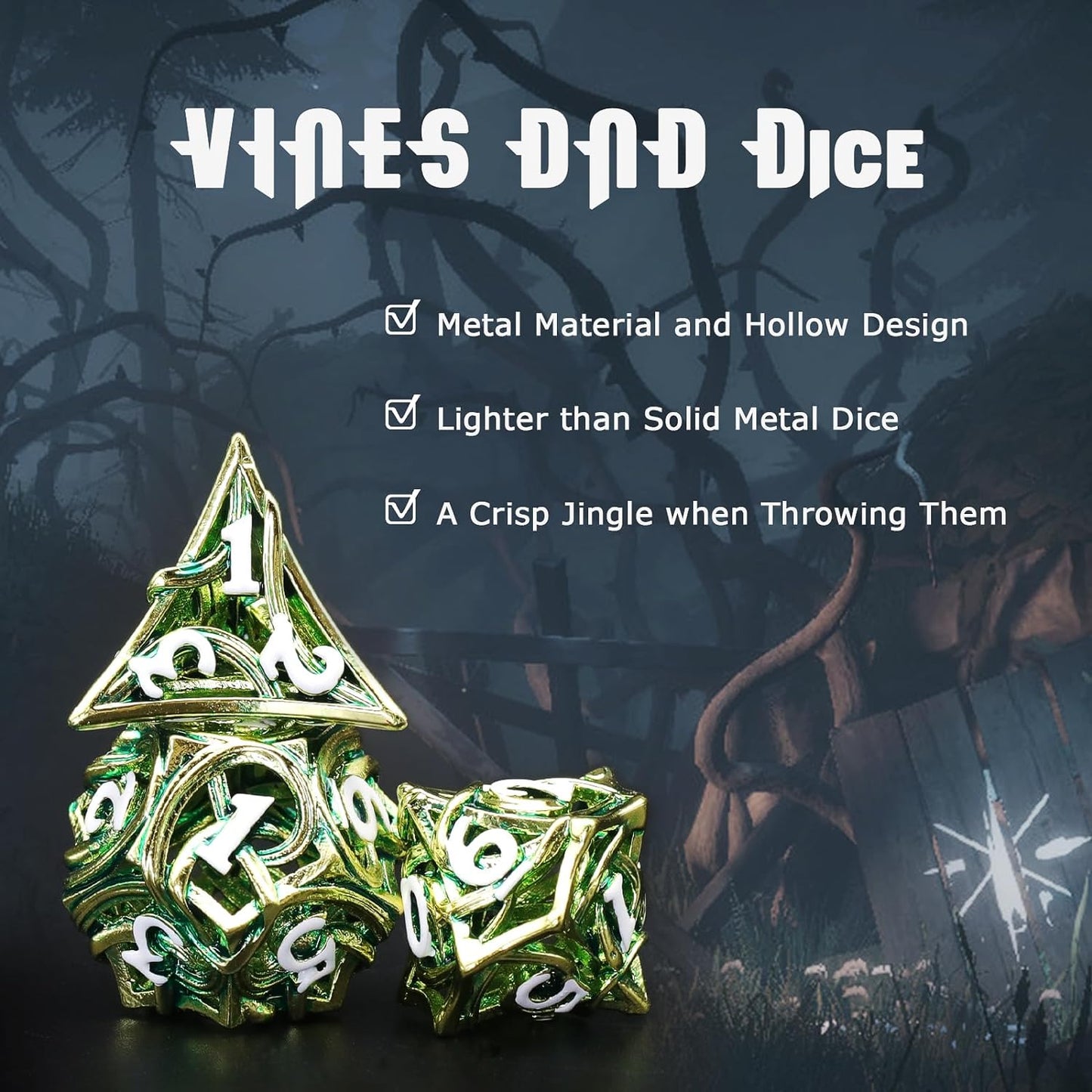 7PCS Metal DND Dice Set Hollow Polyhedral Hollowl Vine Dice Set D&D Role Playing D and D RPG Dice ( Green)