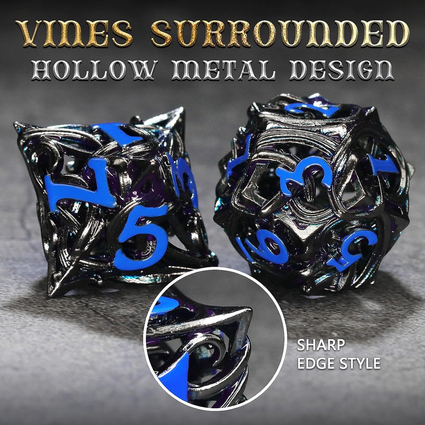 7PCS Metal DND Dice Set Hollow Polyhedral Hollowl Vine Dice Set D&D Role Playing D and D RPG Dice ( Black blue)