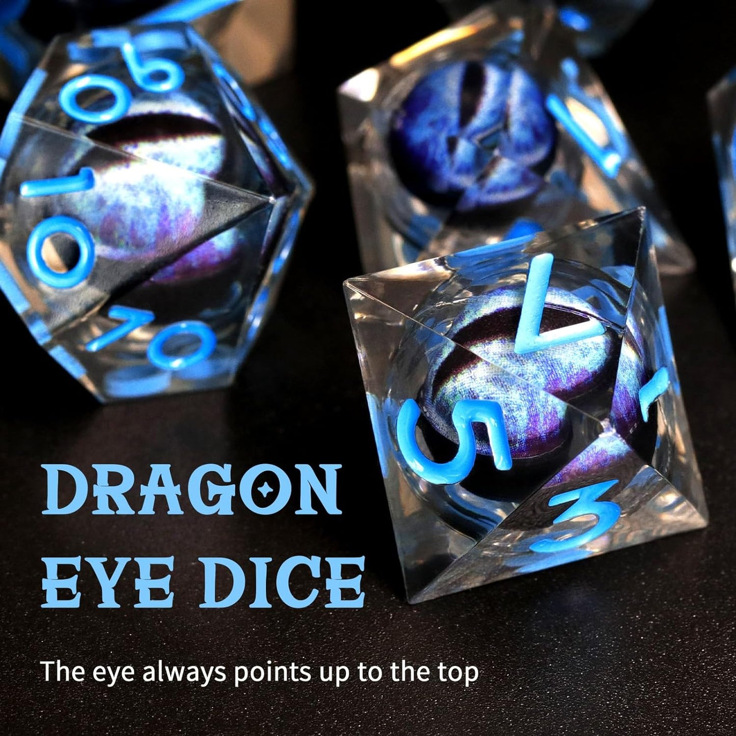 Liquid Core DND Dice, Dragon Eye Dice Set D&D Sharp Edge Resin Dungeons and Dragons Dice Polyhedral Beholder's Ttrpg Dice (Blue)