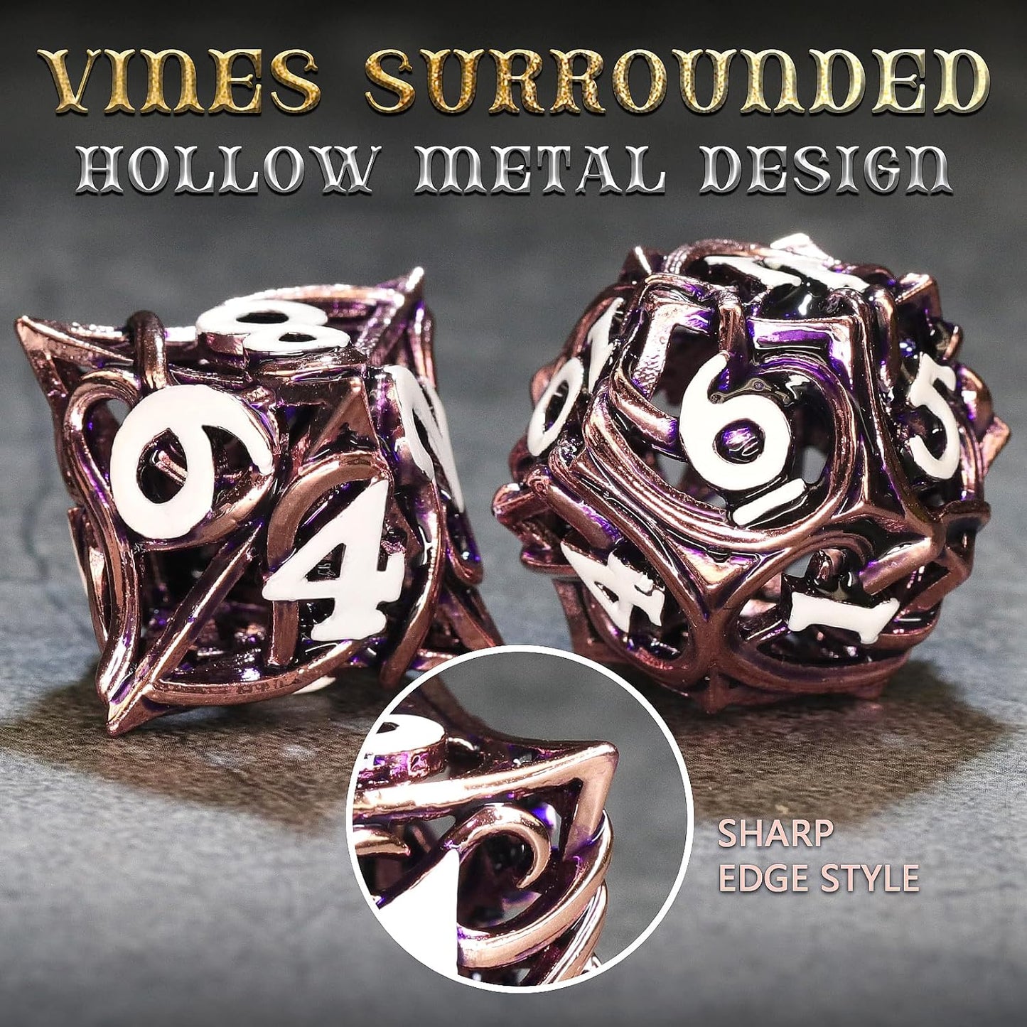 7PCS Metal DND Dice Set Hollow Polyhedral Hollowl Vine Dice Set D&D Role Playing D and D RPG Dice ( Pink)
