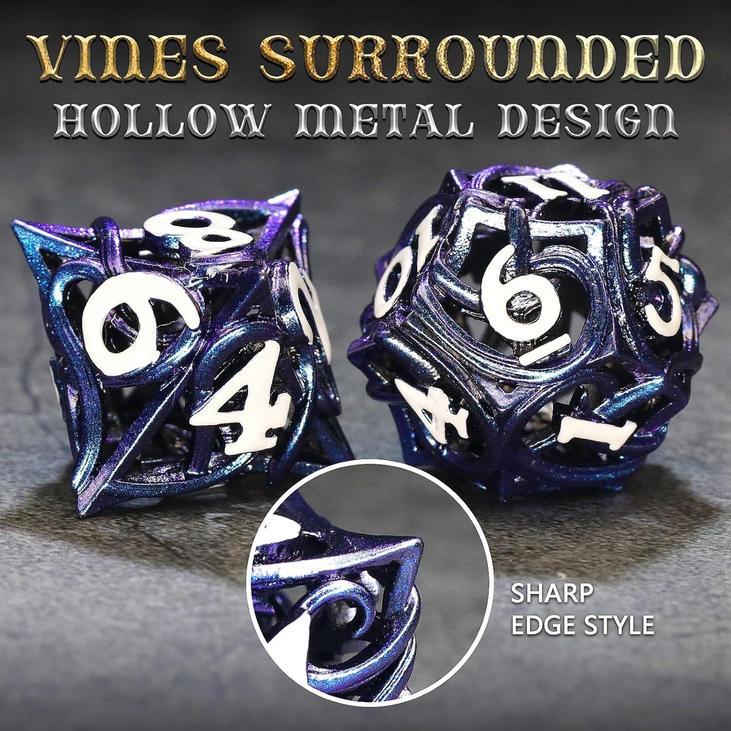 7PCS Metal DND Dice Set Hollow Polyhedral Hollowl Vine Dice Set D&D Role Playing D and D RPG Dice ( Blue)