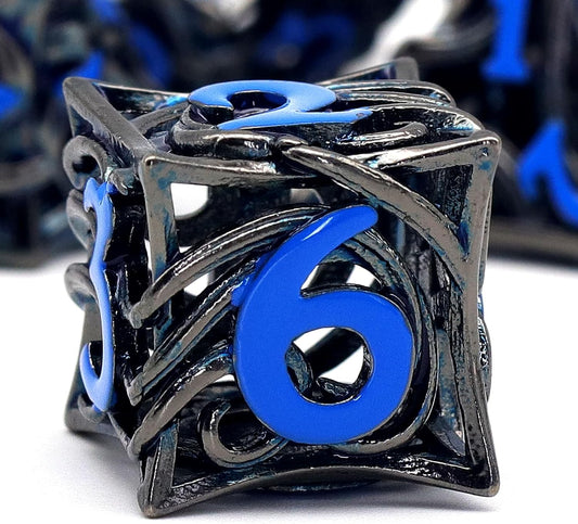7PCS Metal DND Dice Set  Hollow Polyhedral Hollowl Vine Dice Set D&D Role Playing D and D RPG Dice ( Black blue)