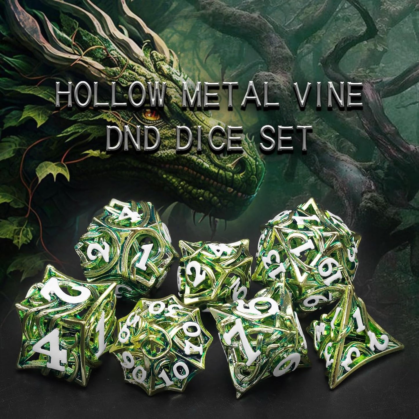 7PCS Metal DND Dice Set Hollow Polyhedral Hollowl Vine Dice Set D&D Role Playing D and D RPG Dice ( Green)