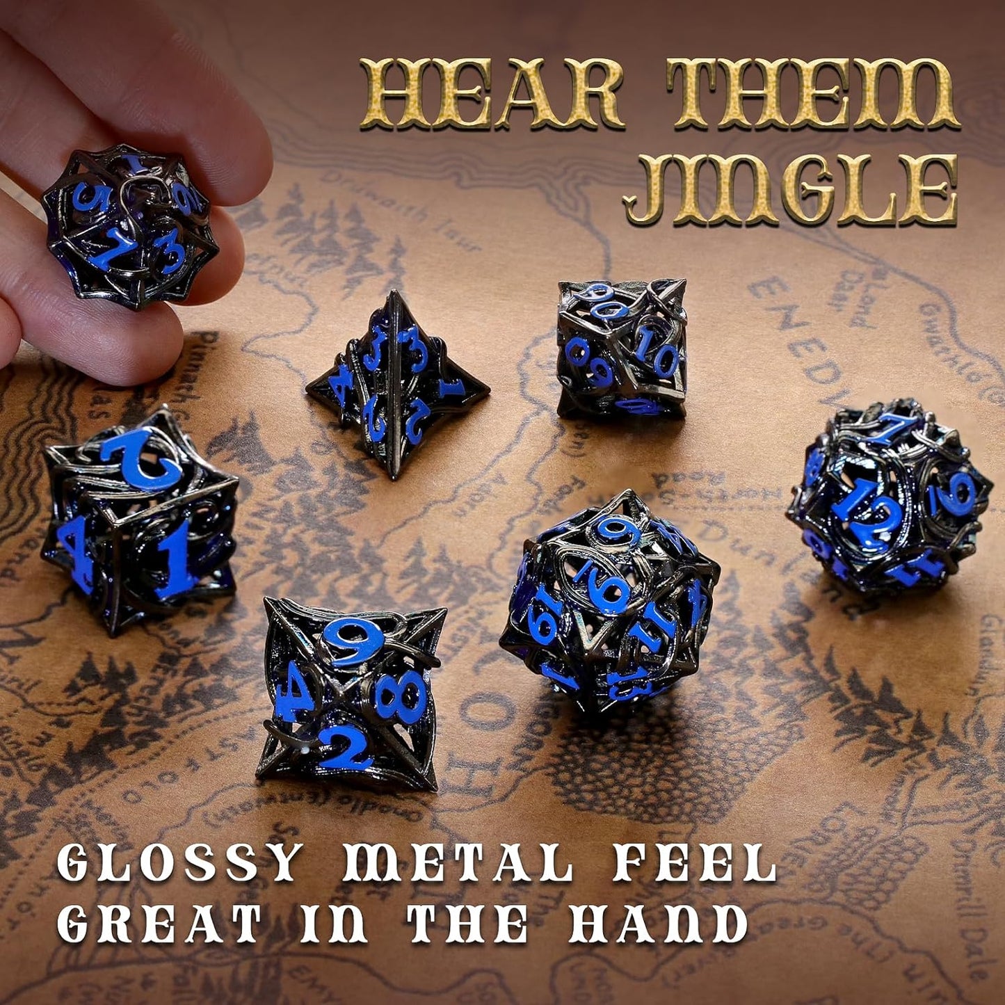 7PCS Metal DND Dice Set Hollow Polyhedral Hollowl Vine Dice Set D&D Role Playing D and D RPG Dice ( Black blue)