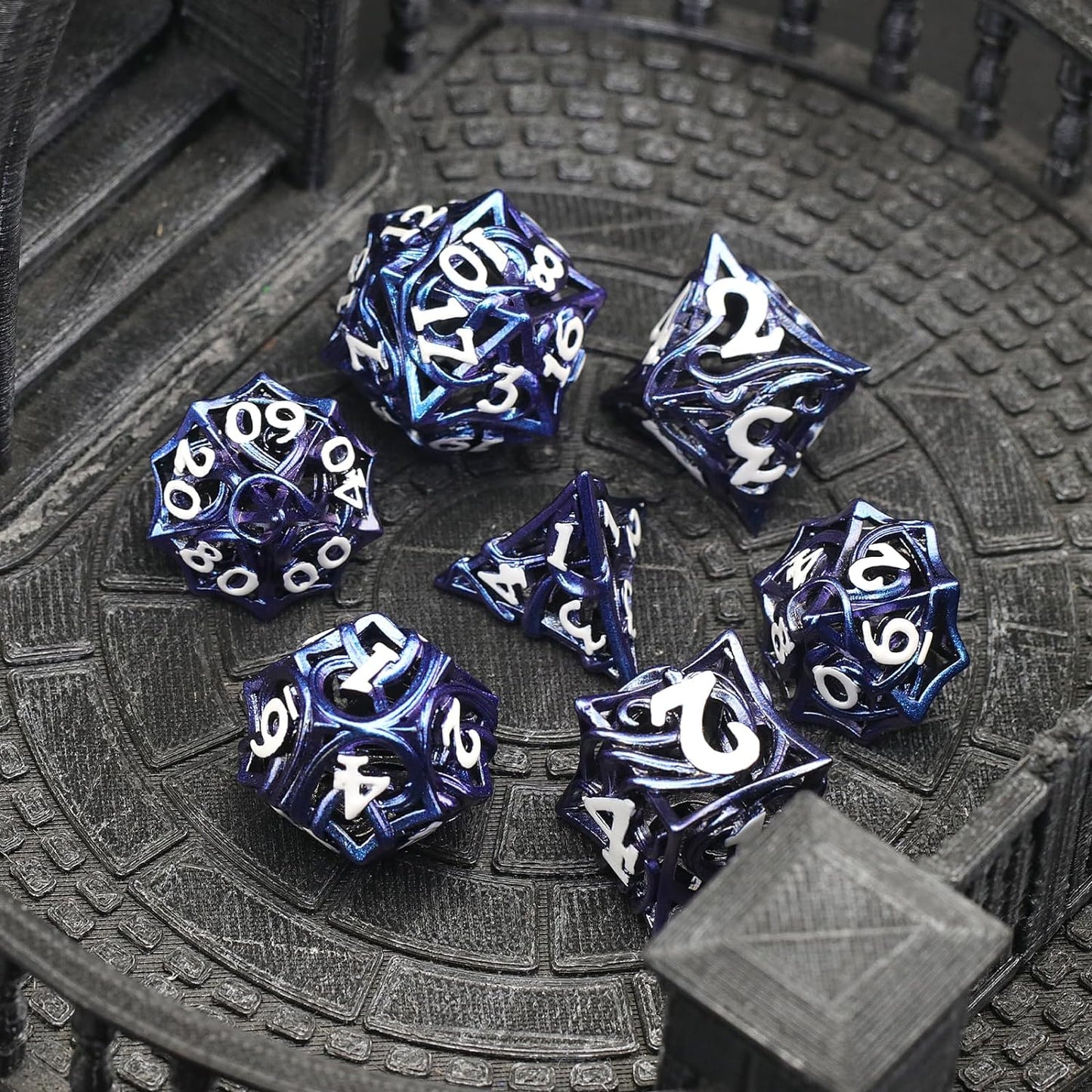 7PCS Metal DND Dice Set Hollow Polyhedral Hollowl Vine Dice Set D&D Role Playing D and D RPG Dice ( Blue)