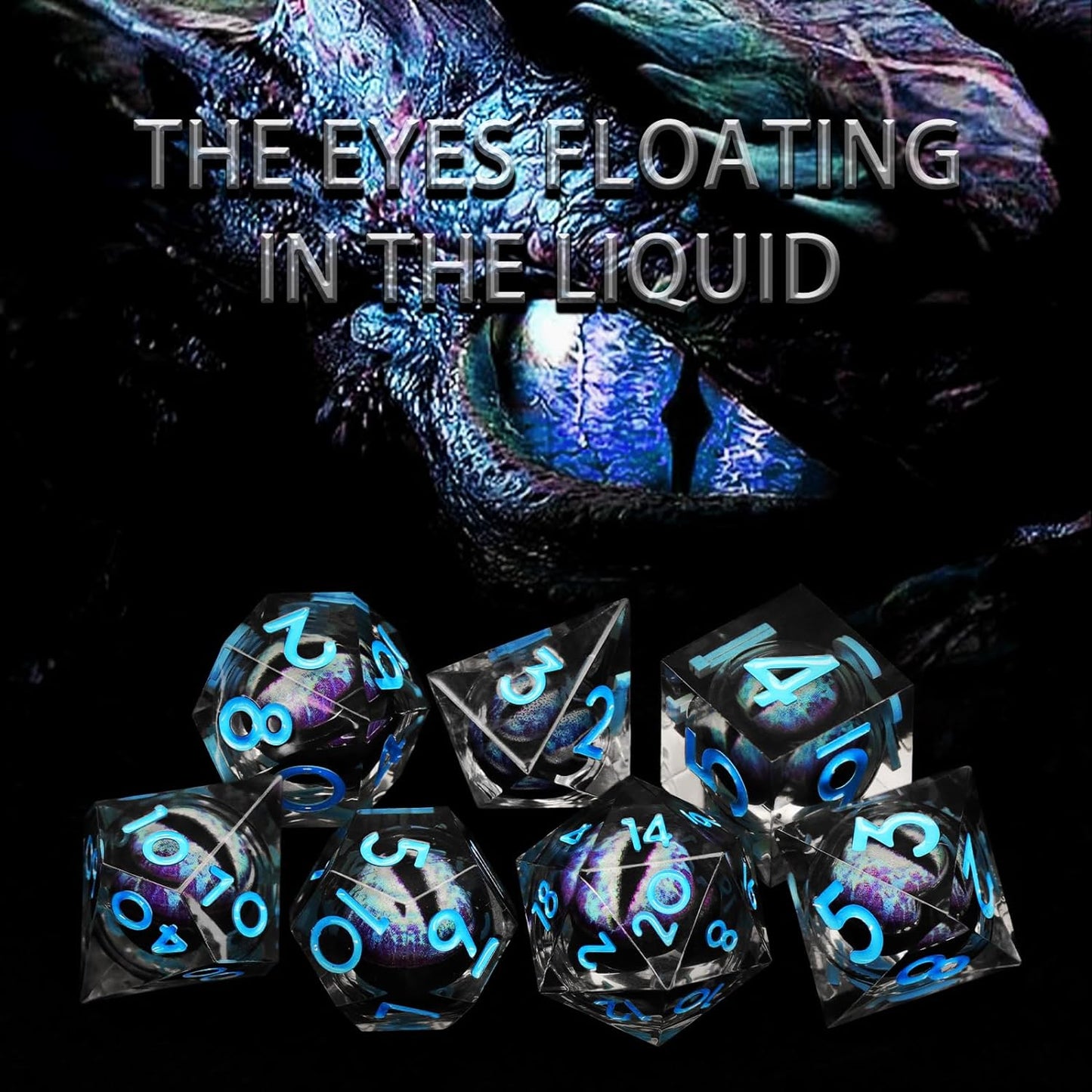 Liquid Core DND Dice, Dragon Eye Dice Set D&D Sharp Edge Resin Dungeons and Dragons Dice Polyhedral Beholder's Ttrpg Dice (Blue)