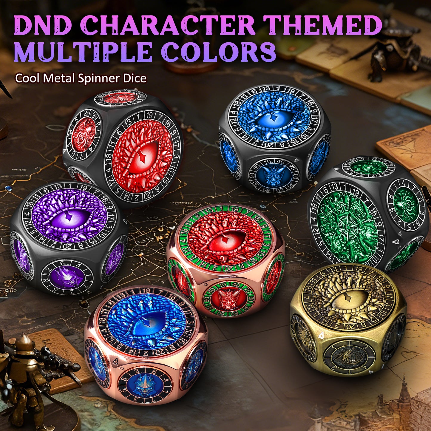 8 in 1 Metal Spinner Dice with Smooth Spinning – Perfect Gift for TTRPG(Black Dice - Purple)