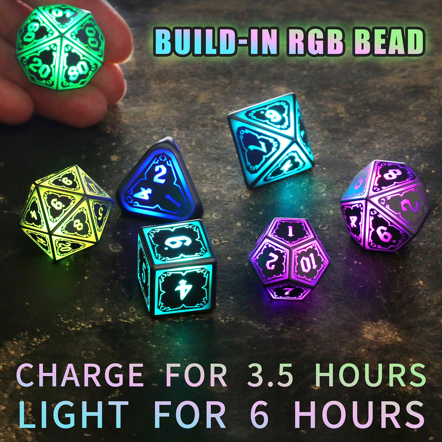 LED D&D Dice Set Wireless Charging Light up Dice, Rechargeable DND Dice Set (RGB Astral Shard)