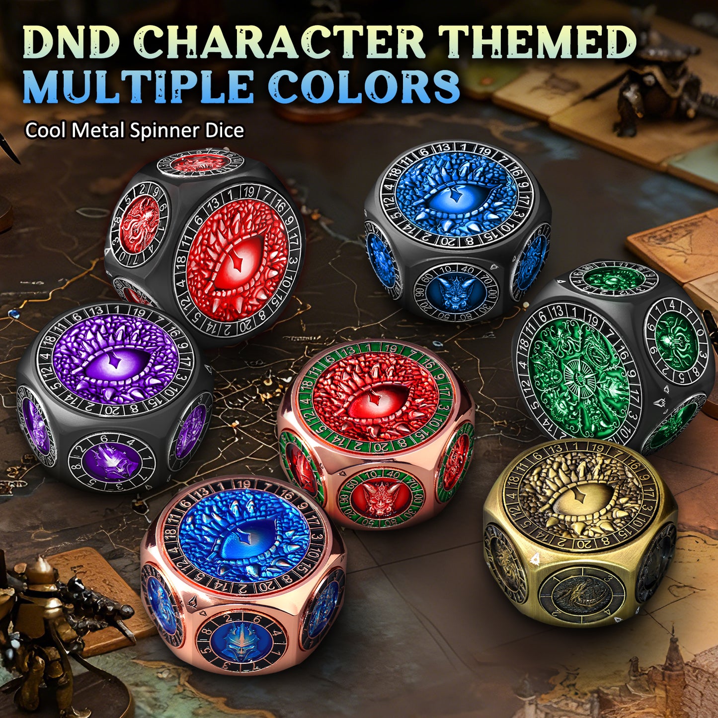 Metal Spinner Dice with Range D4-D20 (Black Dice- Blue)