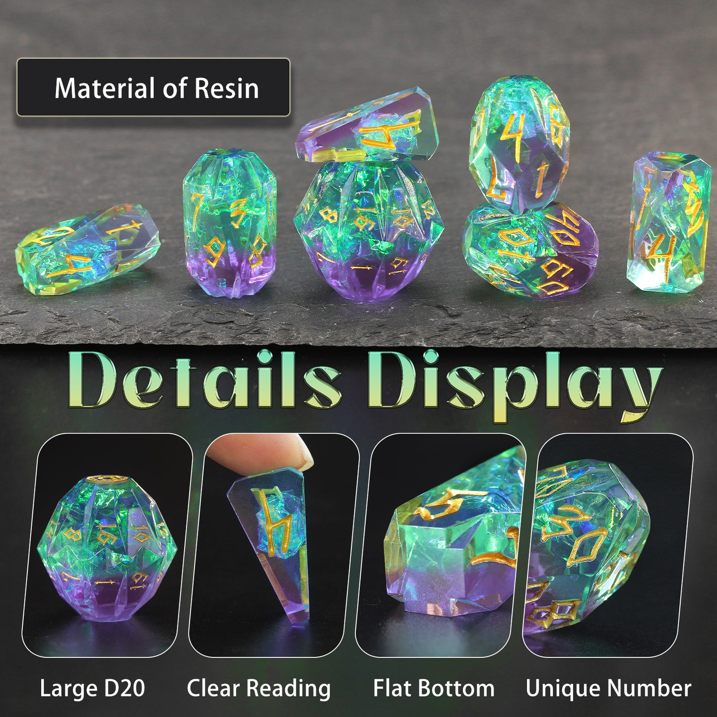 DND Polyhedral Resin Dice Set- Green and Gold