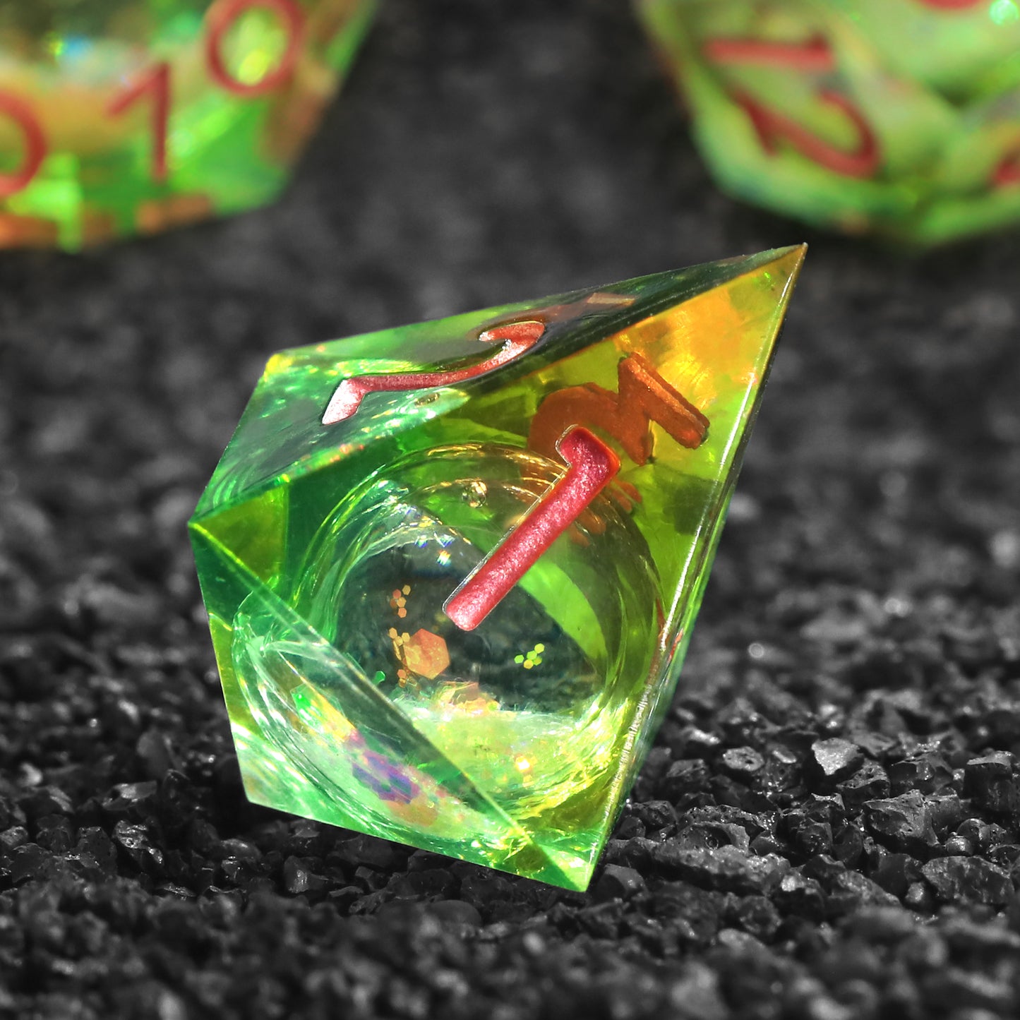 Liquid Core D&D Dice Set 7 Piece Sharp Edge Resin DND Dice - Liquid Yellow and Green