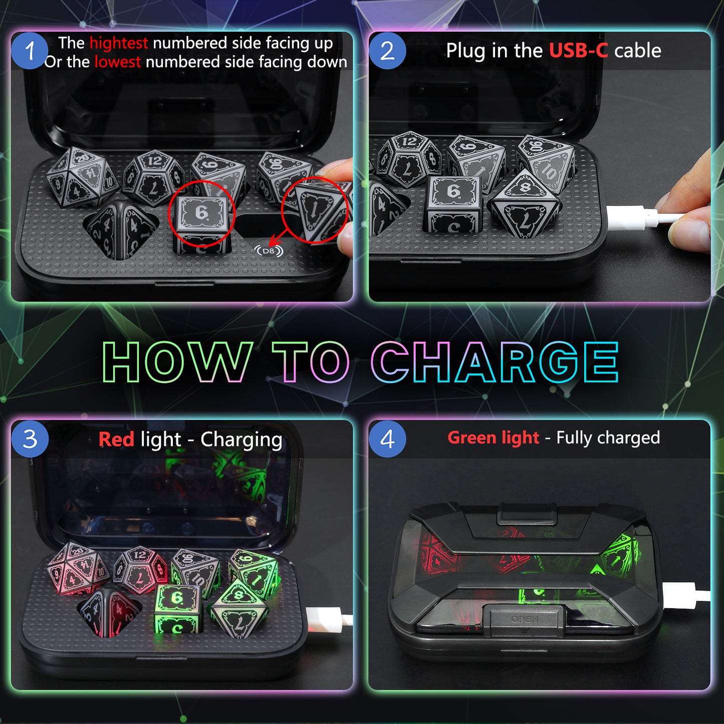Light Up Dice Set D and D for Dungeons and Dragons 4 in 1 Color, Cool LED DND Dice with Charging Box Rechargeable Polyhedral Role Playing Dice for DND Gifts RPG (Astral Shard Mixed Colors)