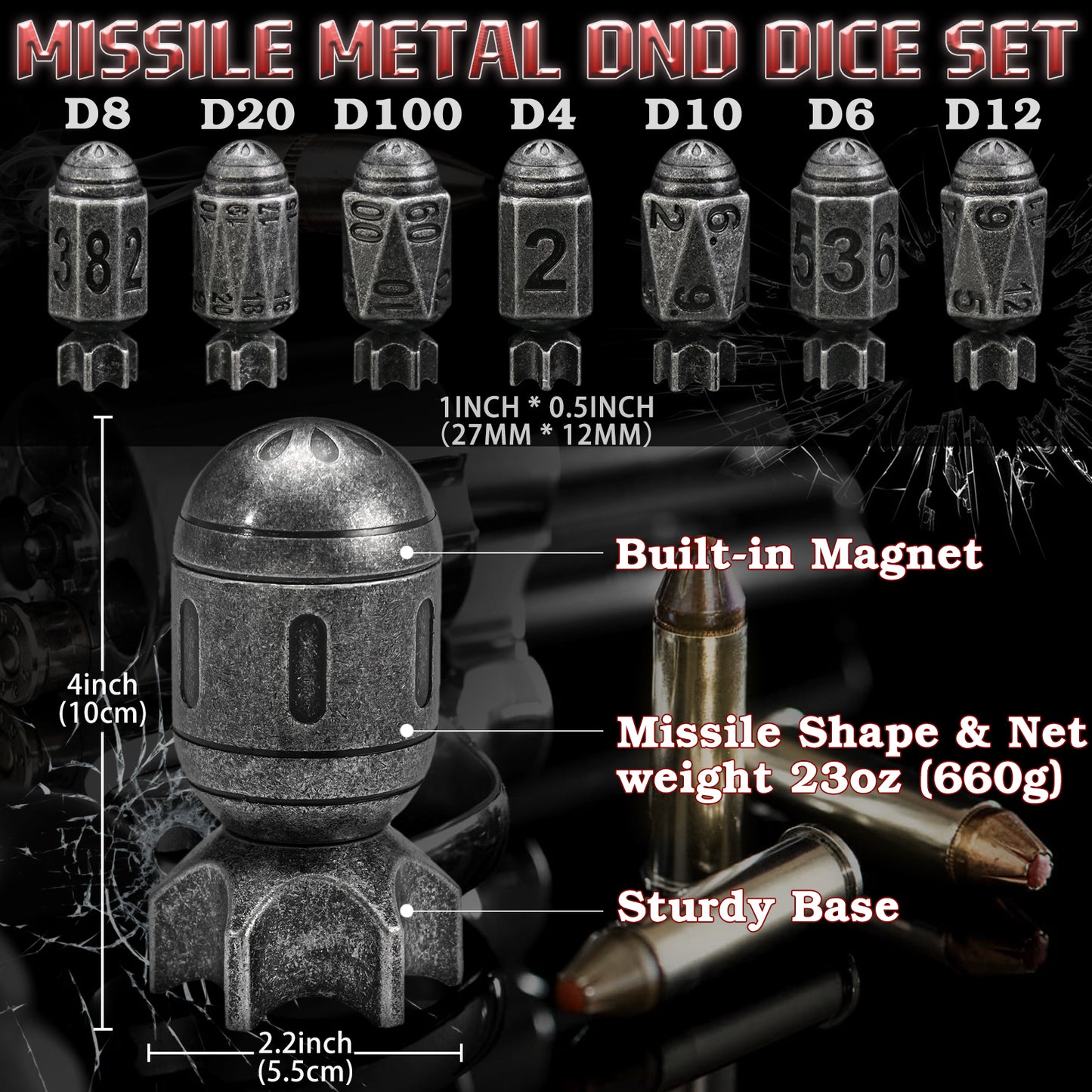 Missile Metal Dice Set D&D of 7 with Spinning Missile Shaped Container -Antique Sliver