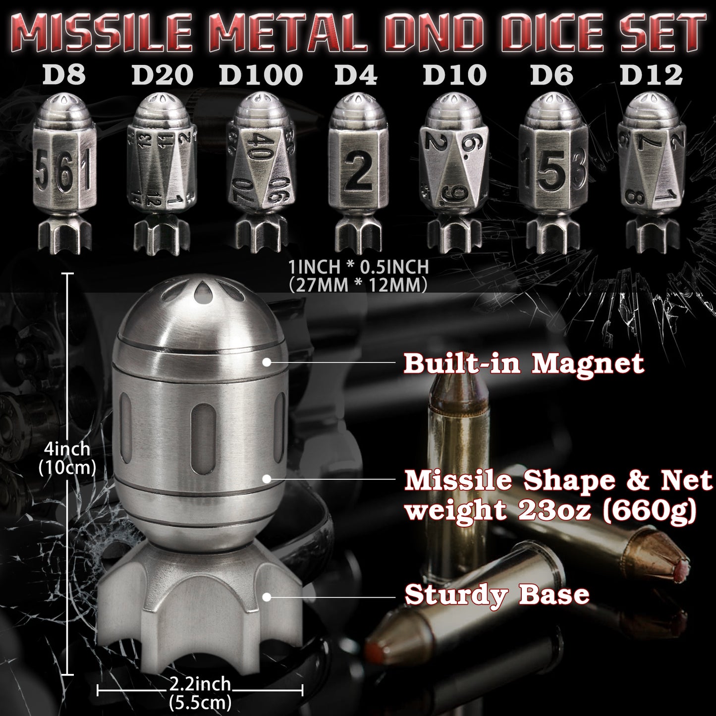Missile Metal Dice Set D&D of 7 with Spinning Missile Shaped Container - Sliver