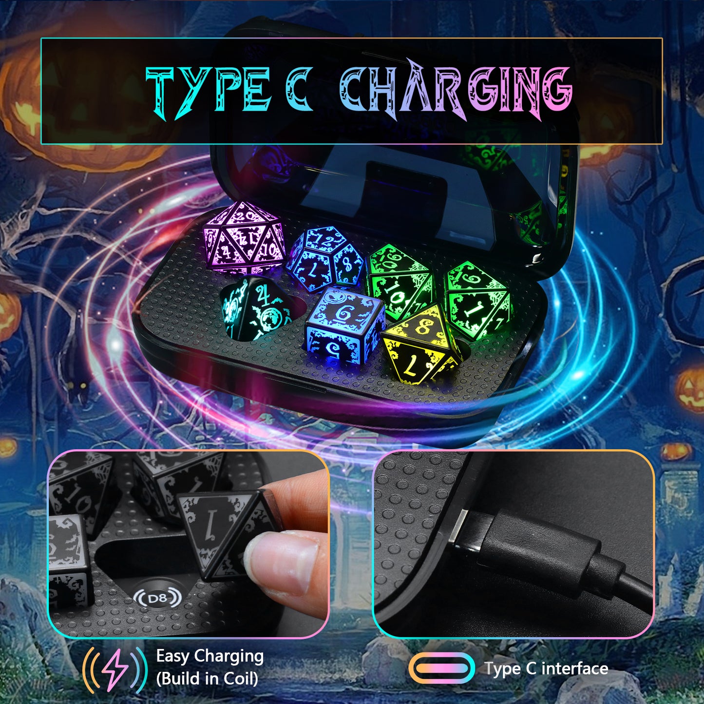 Pumpkin RGB-7 Color Wireless Light Up DND Dice Set
