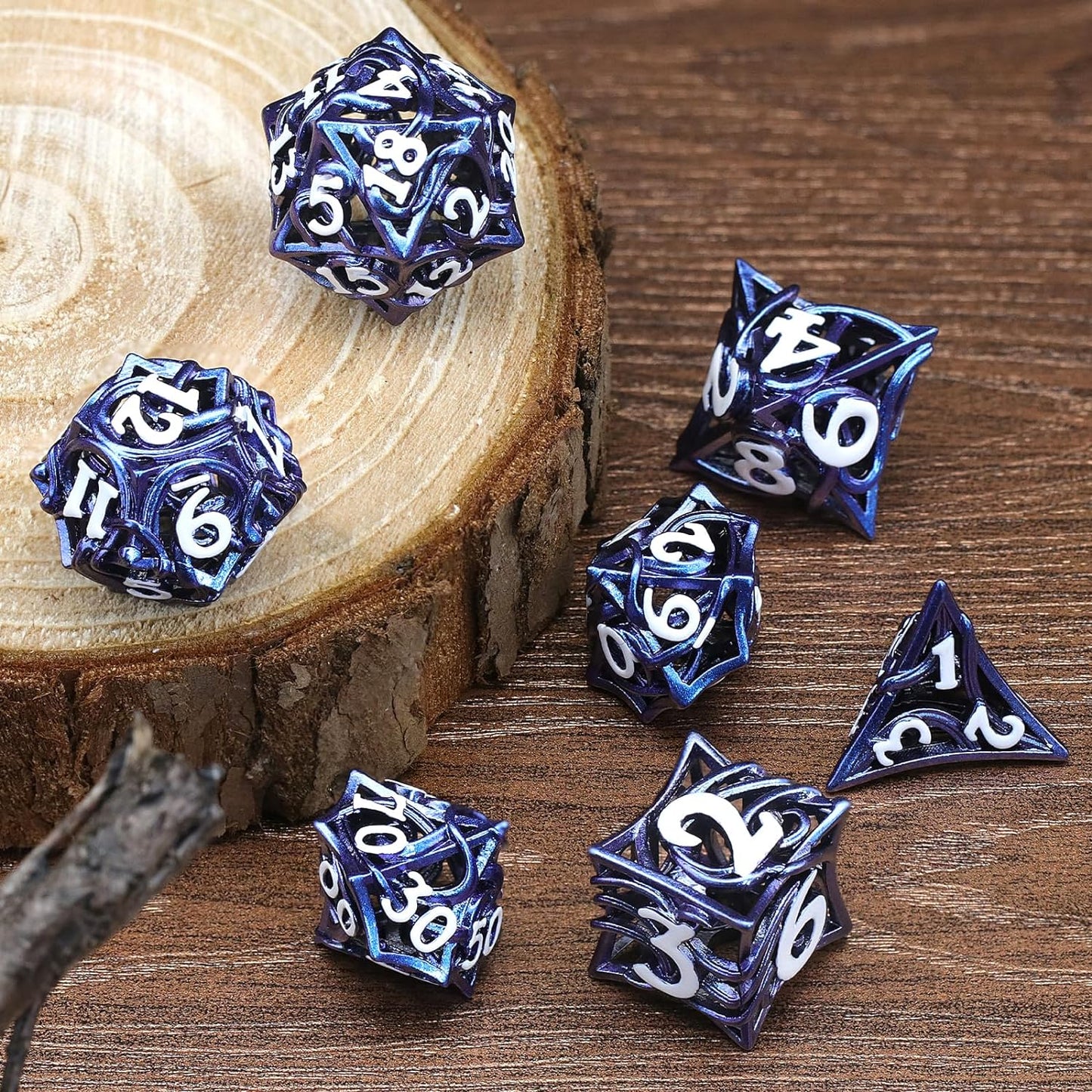 7PCS Metal DND Dice Set Hollow Polyhedral Hollowl Vine Dice Set D&D Role Playing D and D RPG Dice ( Blue)
