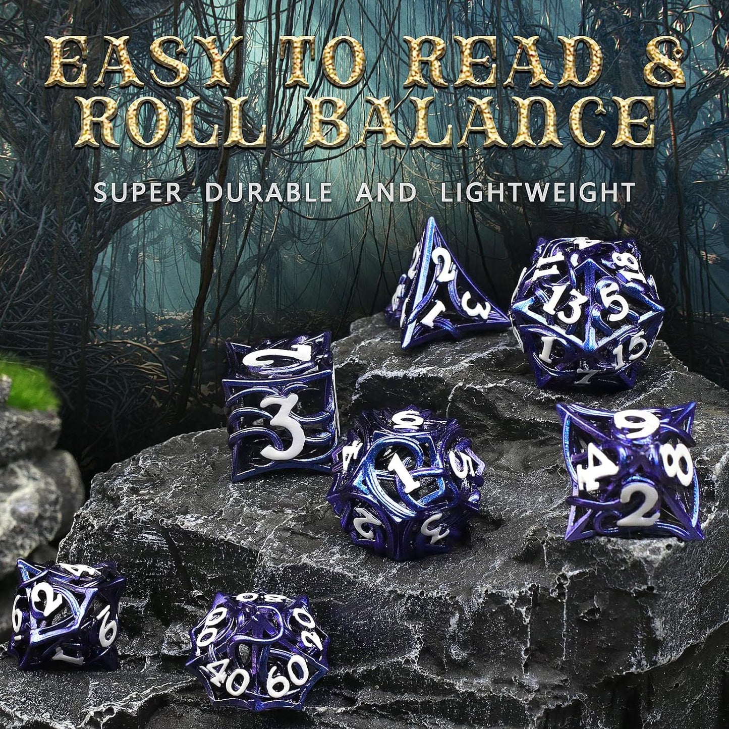 7PCS Metal DND Dice Set Hollow Polyhedral Hollowl Vine Dice Set D&D Role Playing D and D RPG Dice ( Blue)