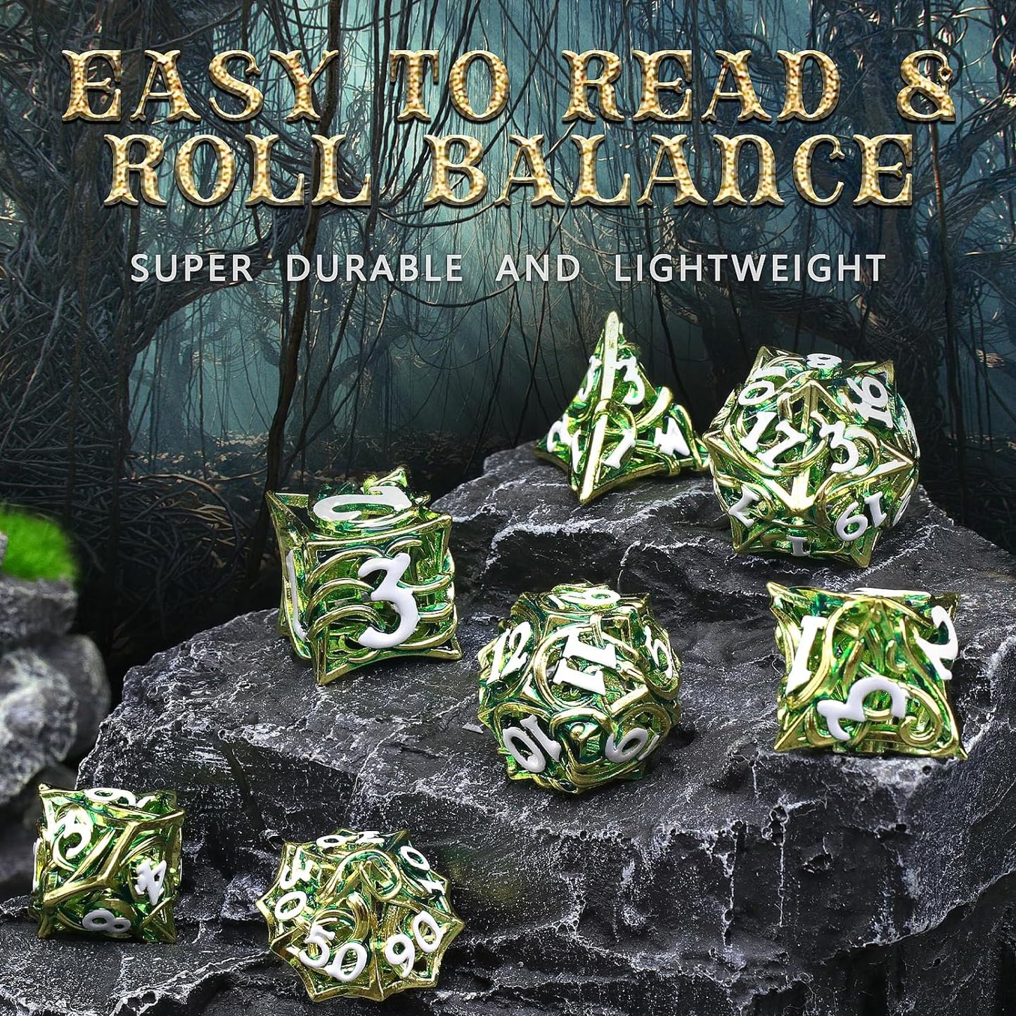 7PCS Metal DND Dice Set Hollow Polyhedral Hollowl Vine Dice Set D&D Role Playing D and D RPG Dice ( Green)