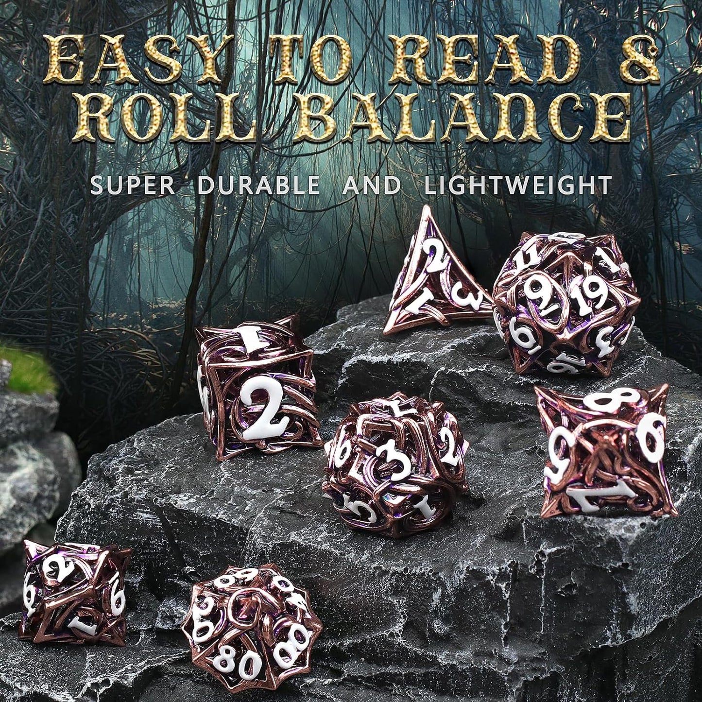 7PCS Metal DND Dice Set Hollow Polyhedral Hollowl Vine Dice Set D&D Role Playing D and D RPG Dice ( Pink)