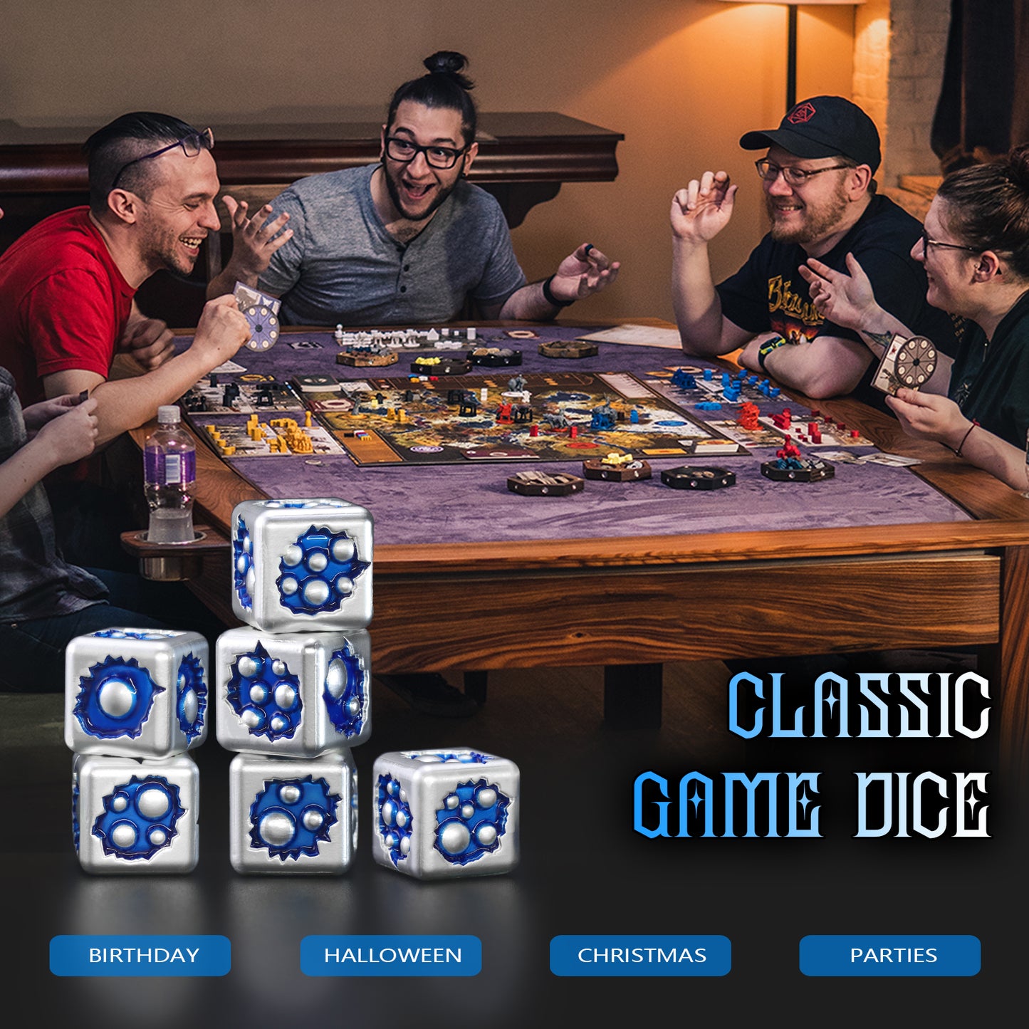 Metal D6 Dice, 6 Sided Dice Set of 6,DND Metal Dice Set for D and D Gifts-White Blue