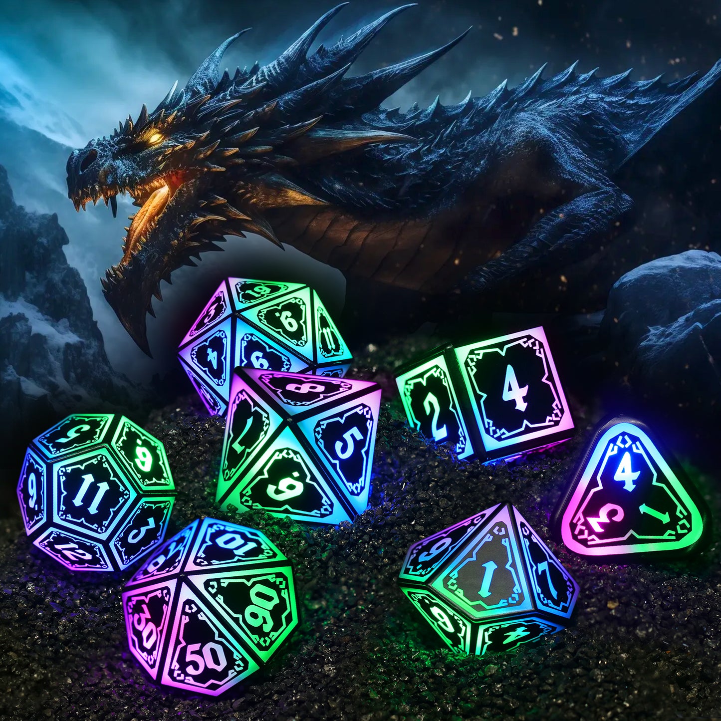 Light Up Dice Set D and D for Dungeons and Dragons 4 in 1 Color, Cool LED DND Dice with Charging Box Rechargeable Polyhedral Role Playing Dice for DND Gifts RPG (Astral Shard Mixed Colors)