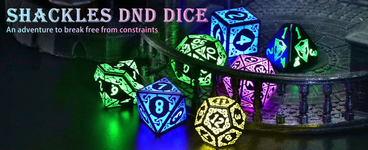 LED DND Dice Set Rechargeable, Cool Light up Dice Wireless Charging for Dungeons and Dragons, Polyhedral Role Playing Dice D&D Gifts(RGB-Shackles)