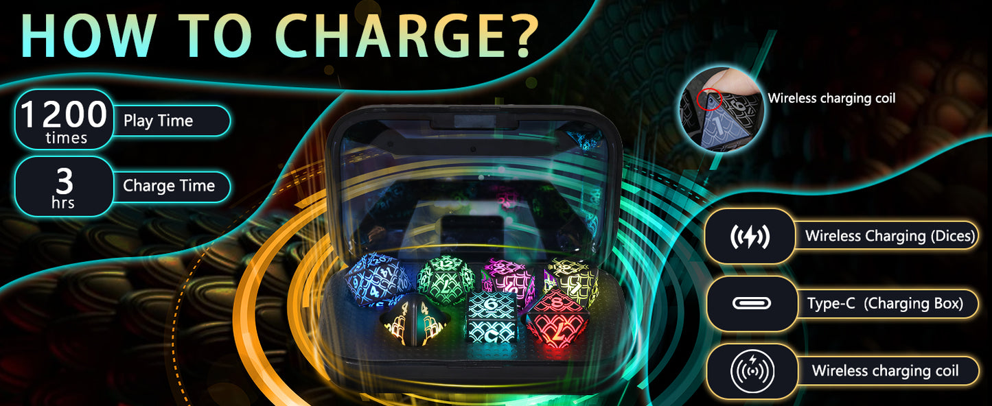 LED DND Dice Set Rechargeable, Cool Light up Dice Wireless Charging for Dungeons and Dragons, Polyhedral Role Playing Dice D&D Gifts(RGB-Dragon Scale)